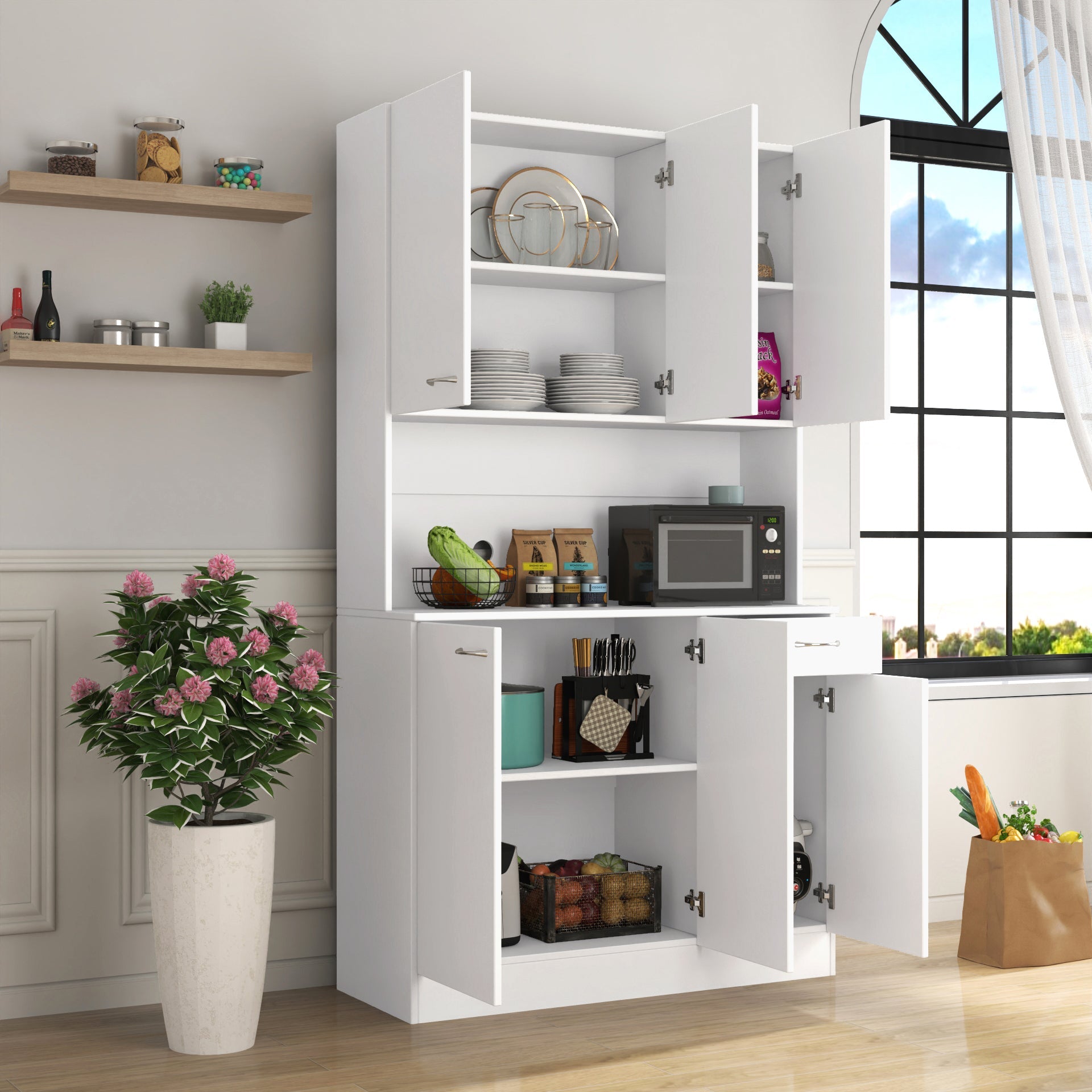 70.87' Tall White Kitchen Cabinet with 6-Doors