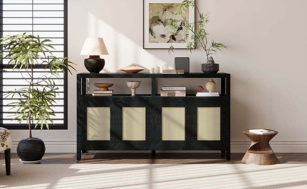 Bohemian Style Rattan Storage Cabinet with 3-position Adjustable Shelves