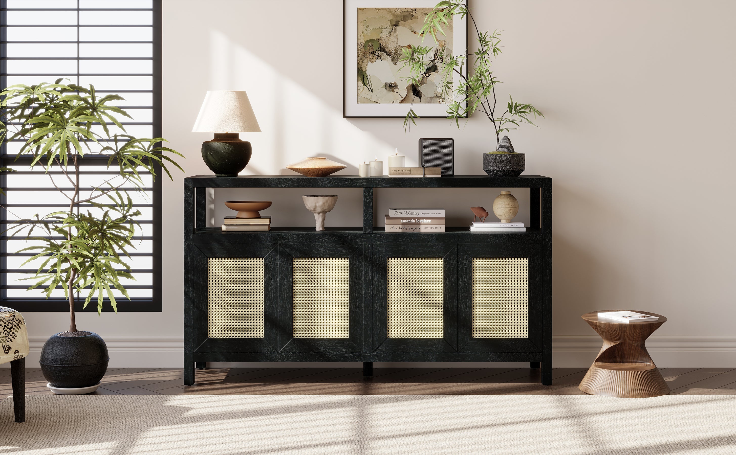 Bohemian Style Rattan Storage Cabinet with 3-position Adjustable Shelves