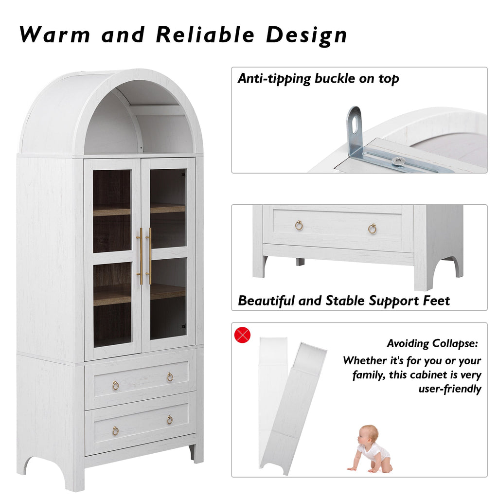 71” Tall Arched Modern Farmhouse Kitchen Pantry Cabinet with 2 Large Drawers