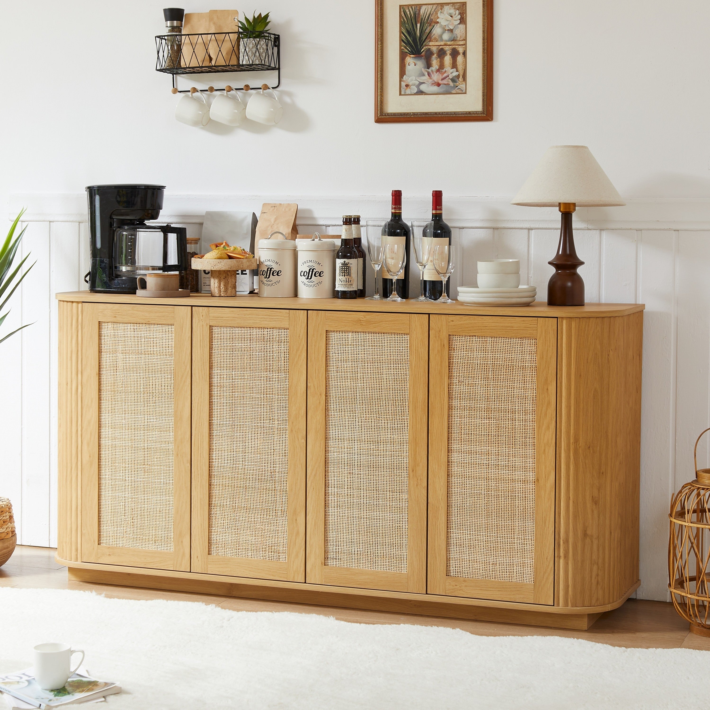 Contemporary Wave Shaped 64-Inch TV Stand with Rattan Doors