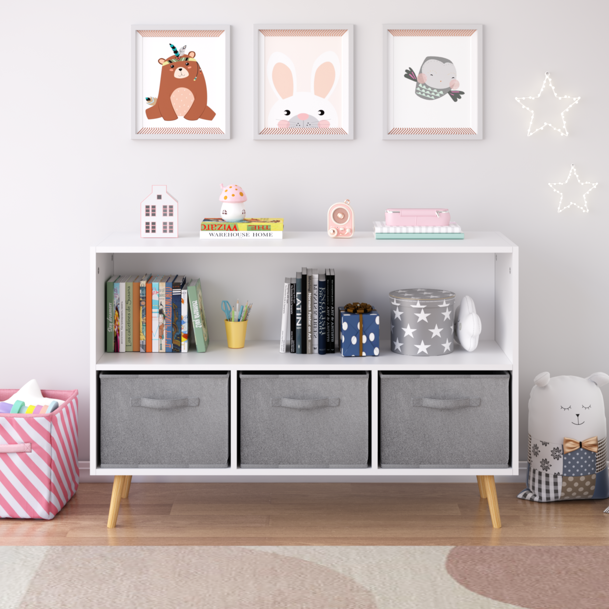 Children's Book Display Kids Bookcase with 3 Fabric Bins