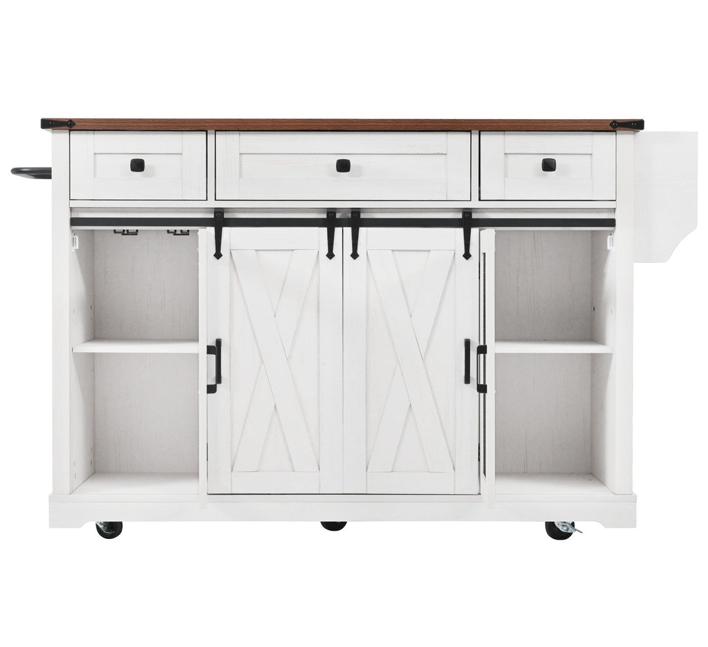 58“ Farmhouse Kitchen Island with Storage Sliding Barn Door Metal Grid Side Door