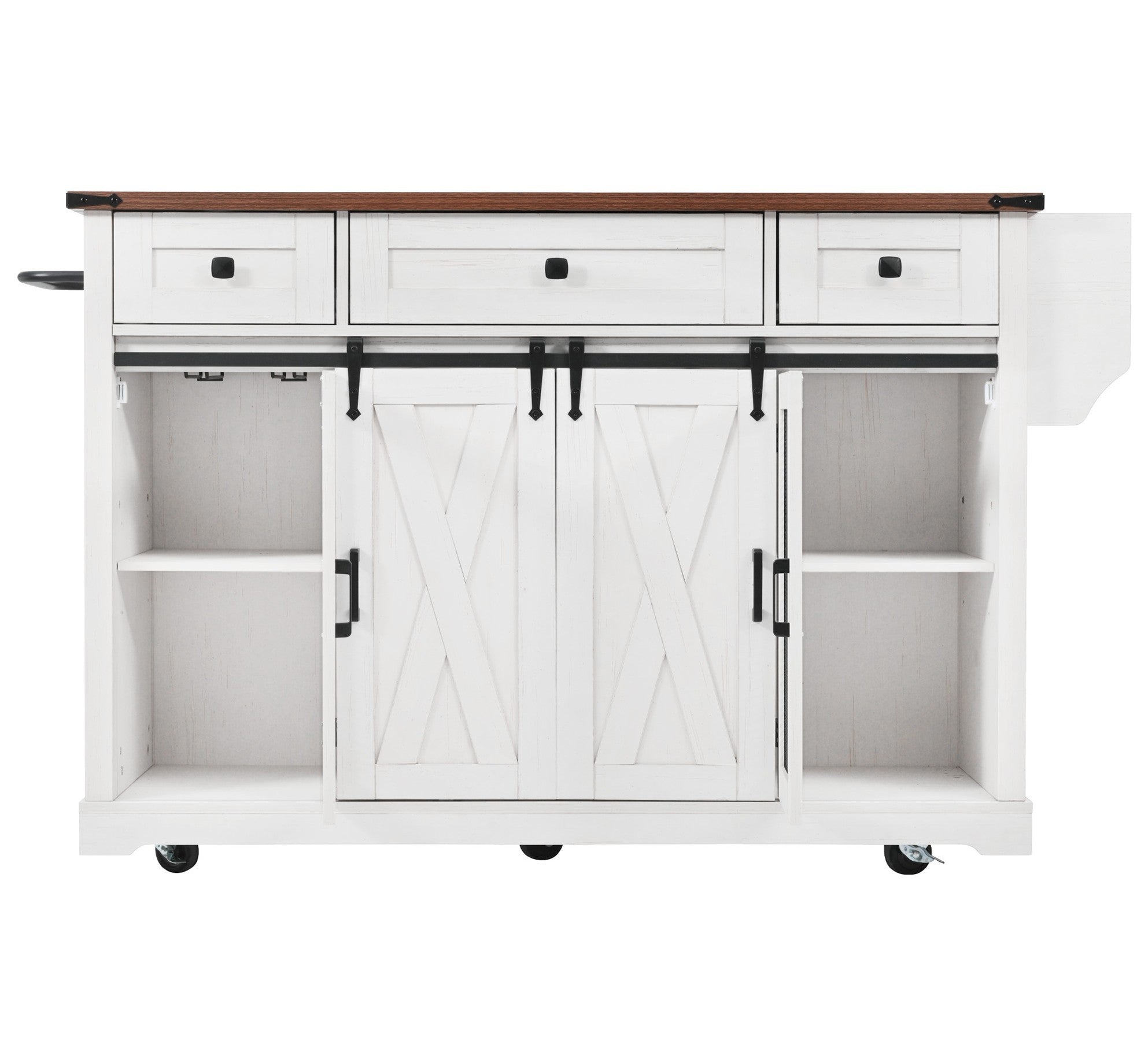 58“ Farmhouse Kitchen Island with Storage Sliding Barn Door Metal Grid Side Door