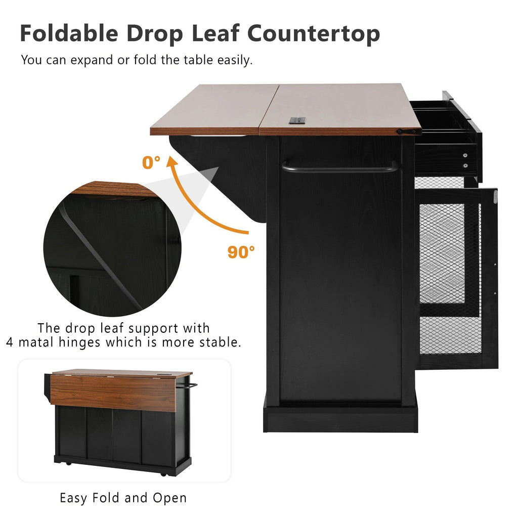 58“ Farmhouse Kitchen Island with Storage Sliding Barn Door Metal Grid Side Door