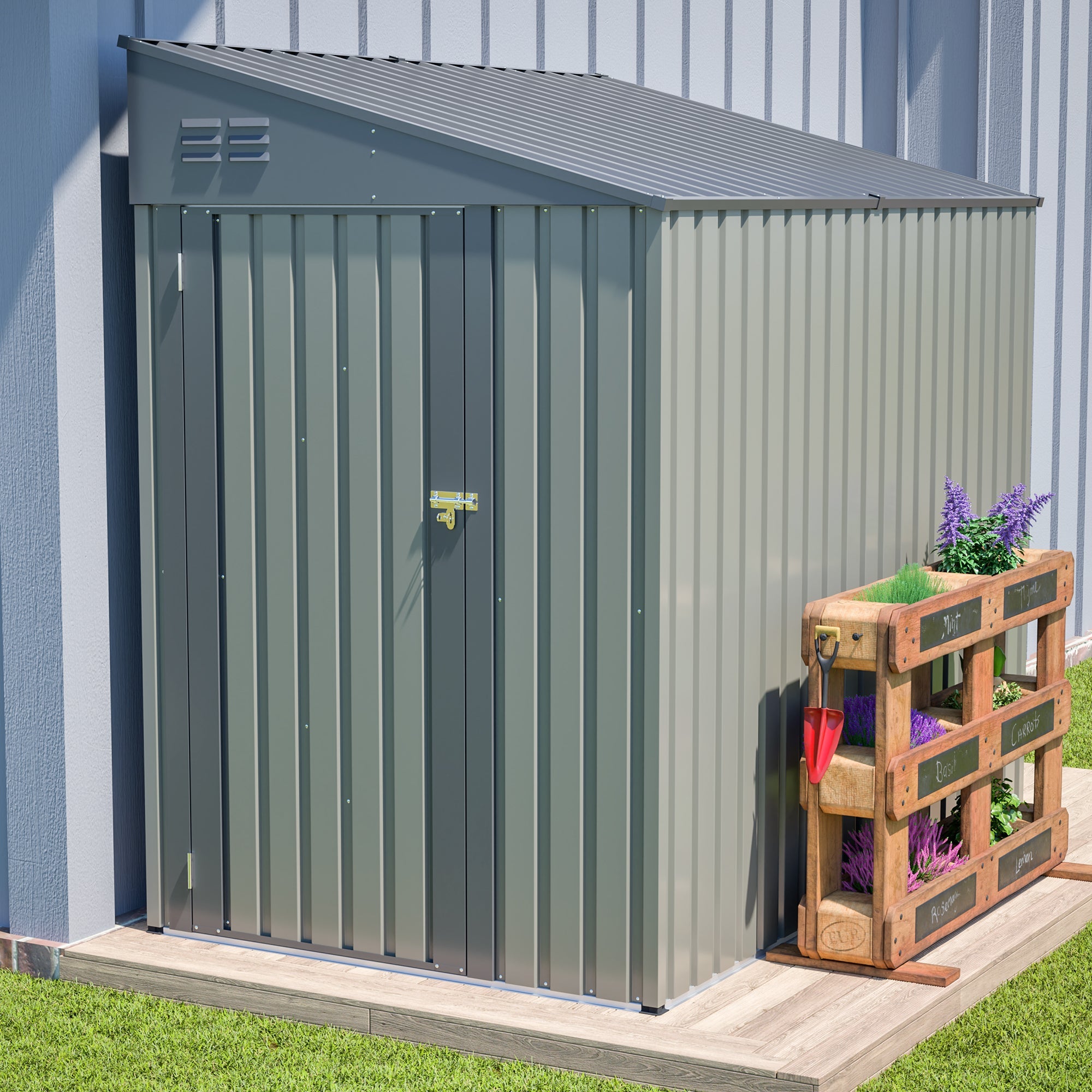 4x7 FT Lean To Shed Olive Grey Heavy Duty Steel Outdoor Garden Storage Case