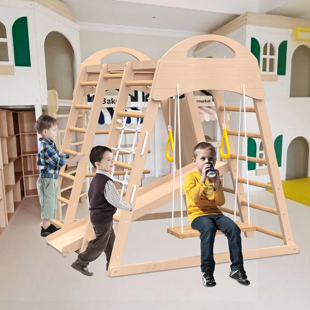 7 in 1 Indoor Playground Wood Jungle Gym Kids Slide Swing Climbing Wall Toy