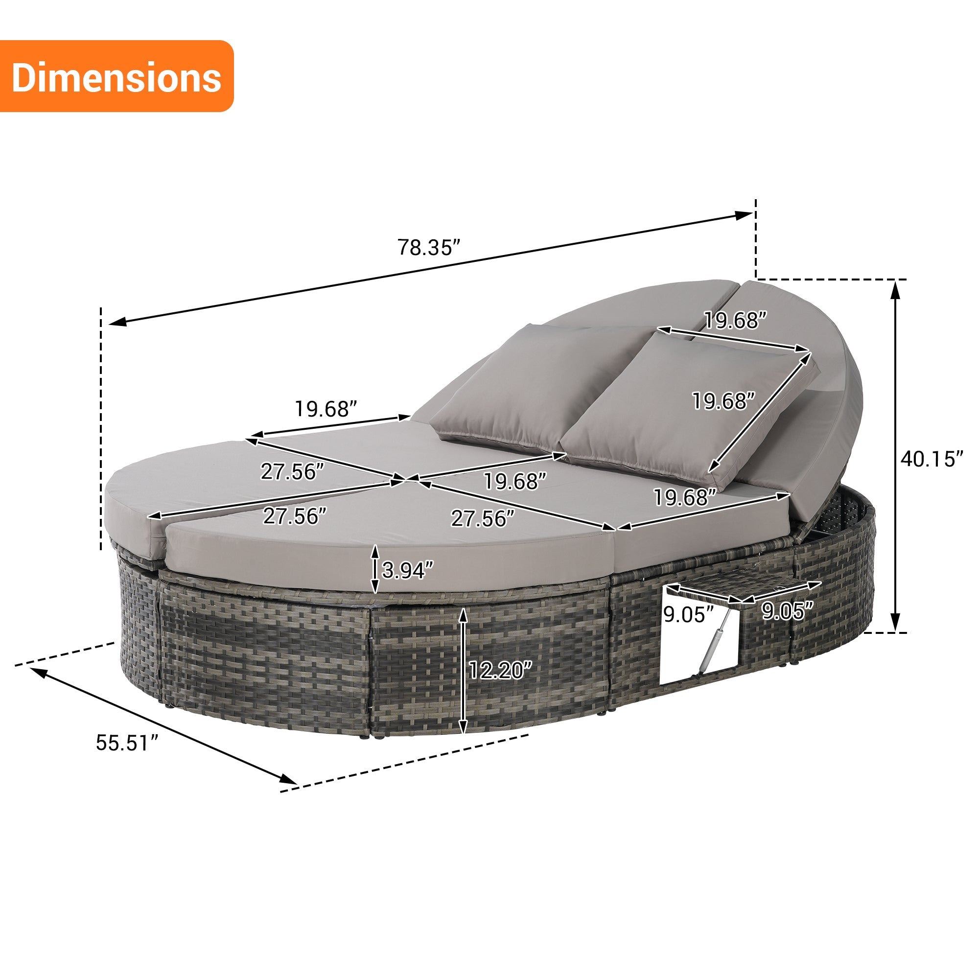 Round outdoor patio daybed with adjustable backrests foldable cup trays and cushioned wicker design ideal for backyard and poolside lounging