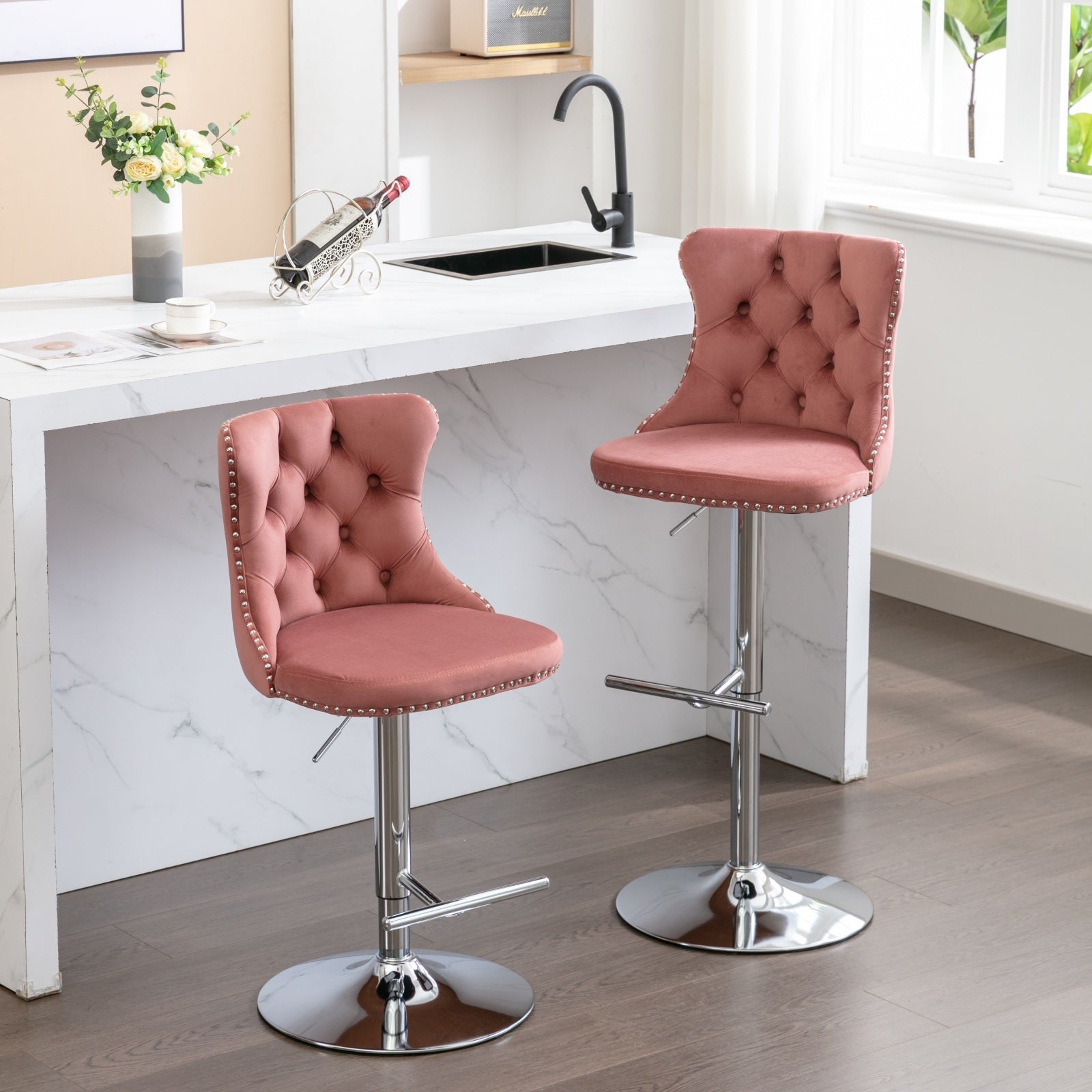 25-33 Inch Modern Velvet Swivel Barstools (Set of 2)