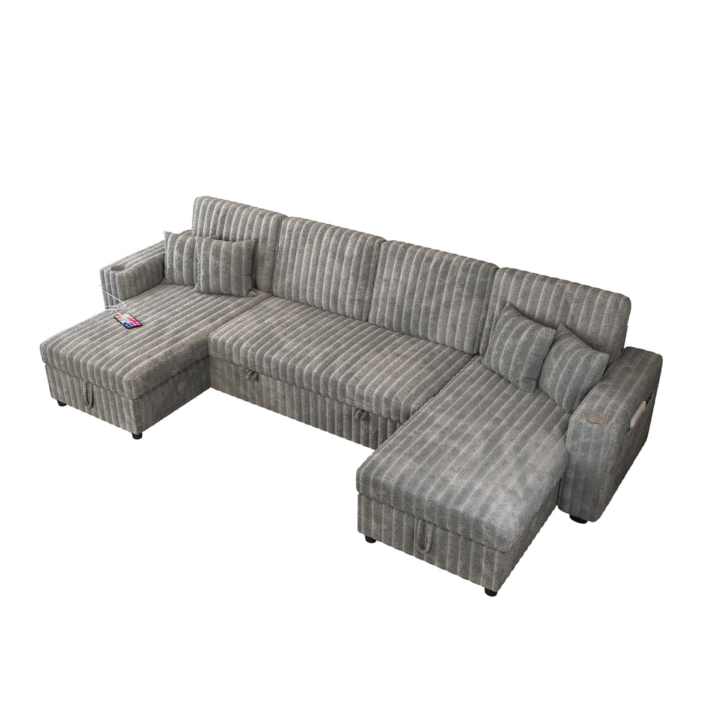 122" U-Shaped Sleeper Sofa Gray Pull Out Bed Sectional with Storage Chaise