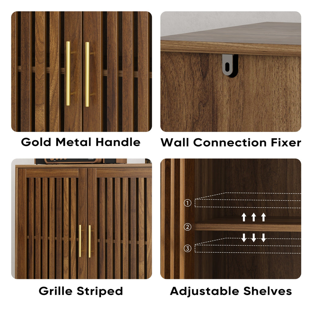 Farmhouse Walnut Sideboard Buffet Cabinet With Louvered Doors