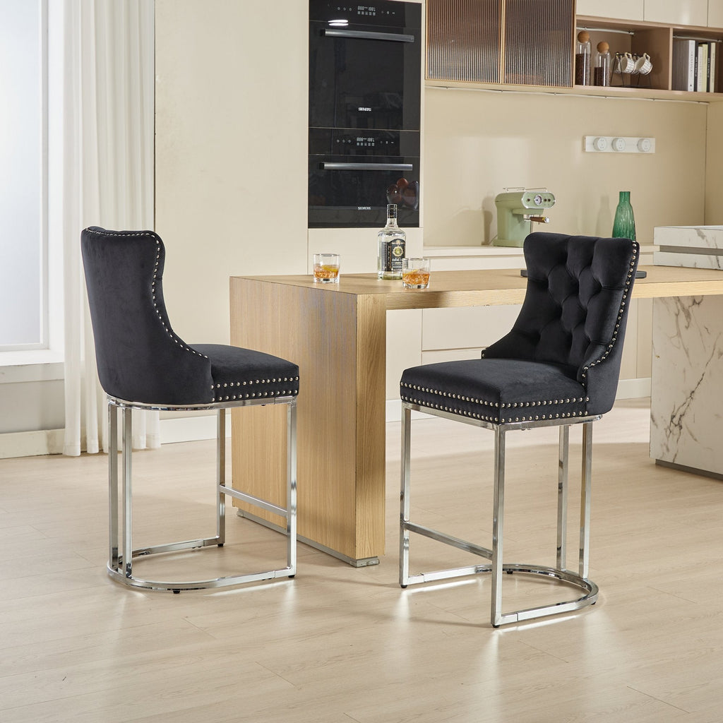 Luxury Elegant Nailhead Trim Tufted Velvet Bar Stools (Set of 2)