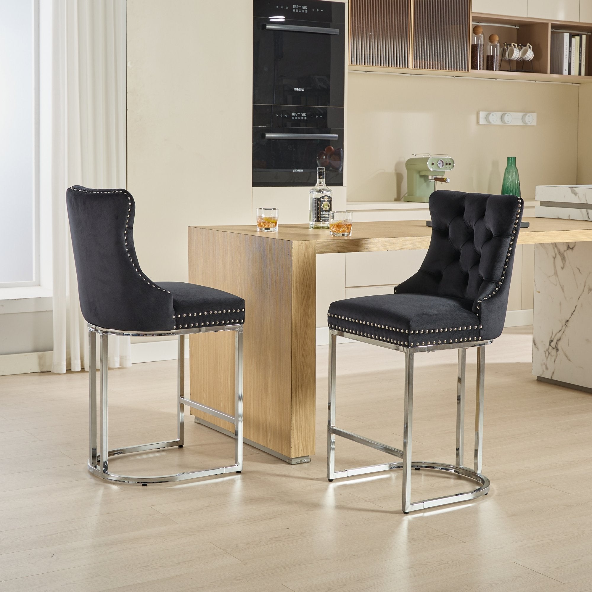 Luxury Elegant Nailhead Trim Tufted Velvet Bar Stools (Set of 2)