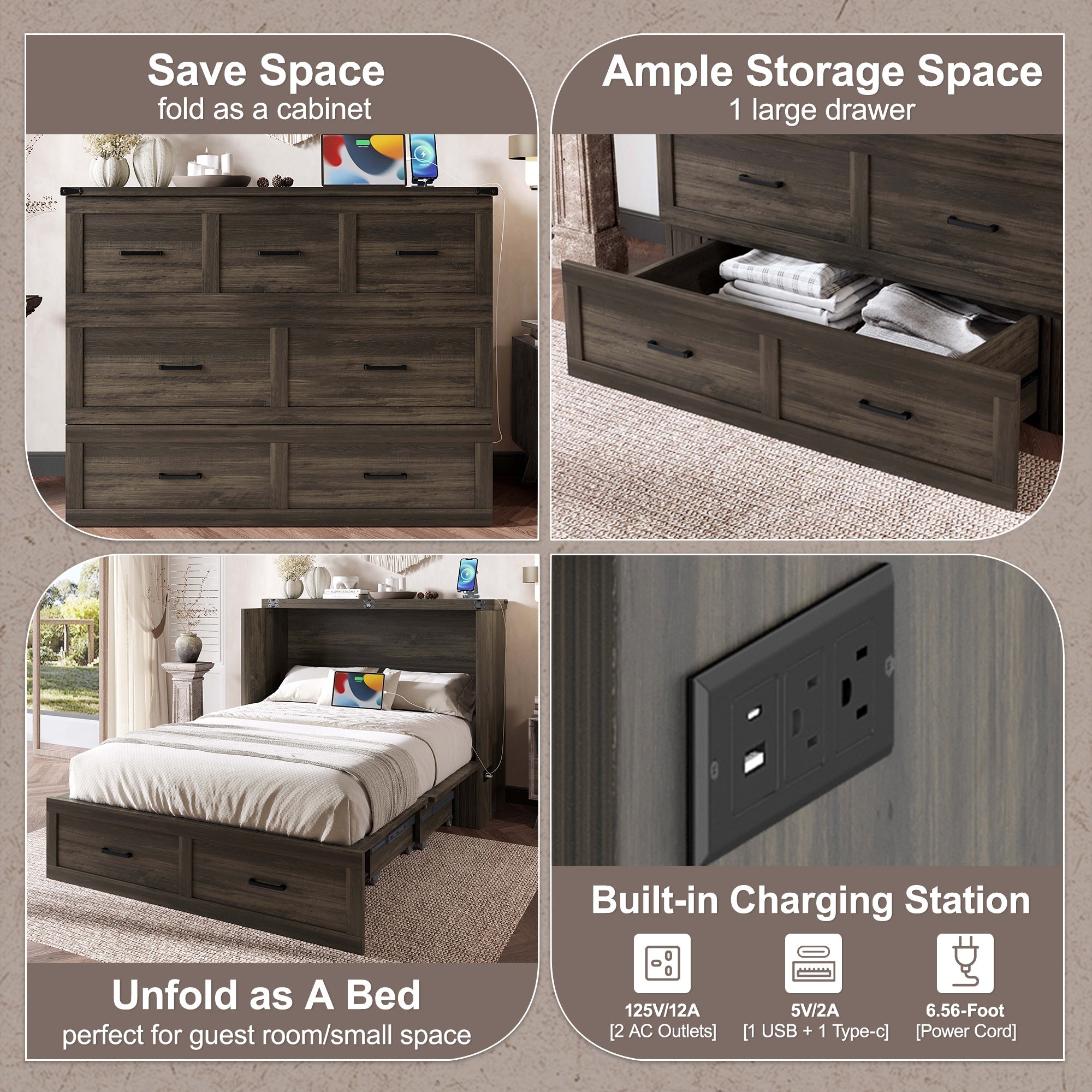 Murphy Bed Cabinet Full Size with Charging Station