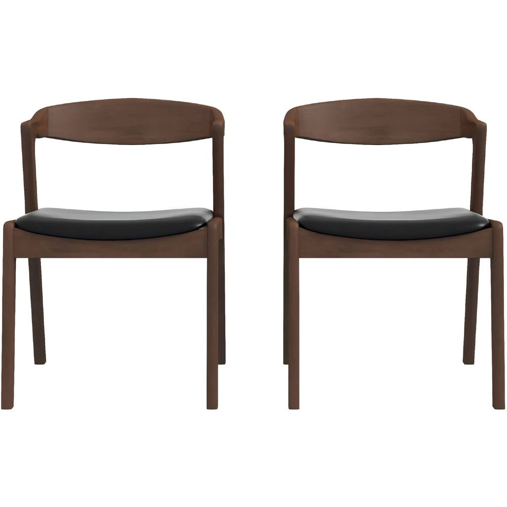 Mid-Century Solid Wood Dining Chair Set with Black Leather Upholstery (Set of 2)