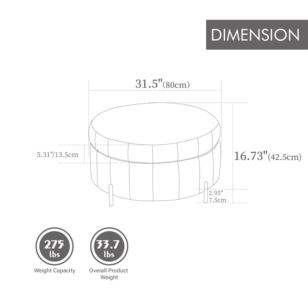 31.5'W Upholstered Round Ottoman with Reversible Lid