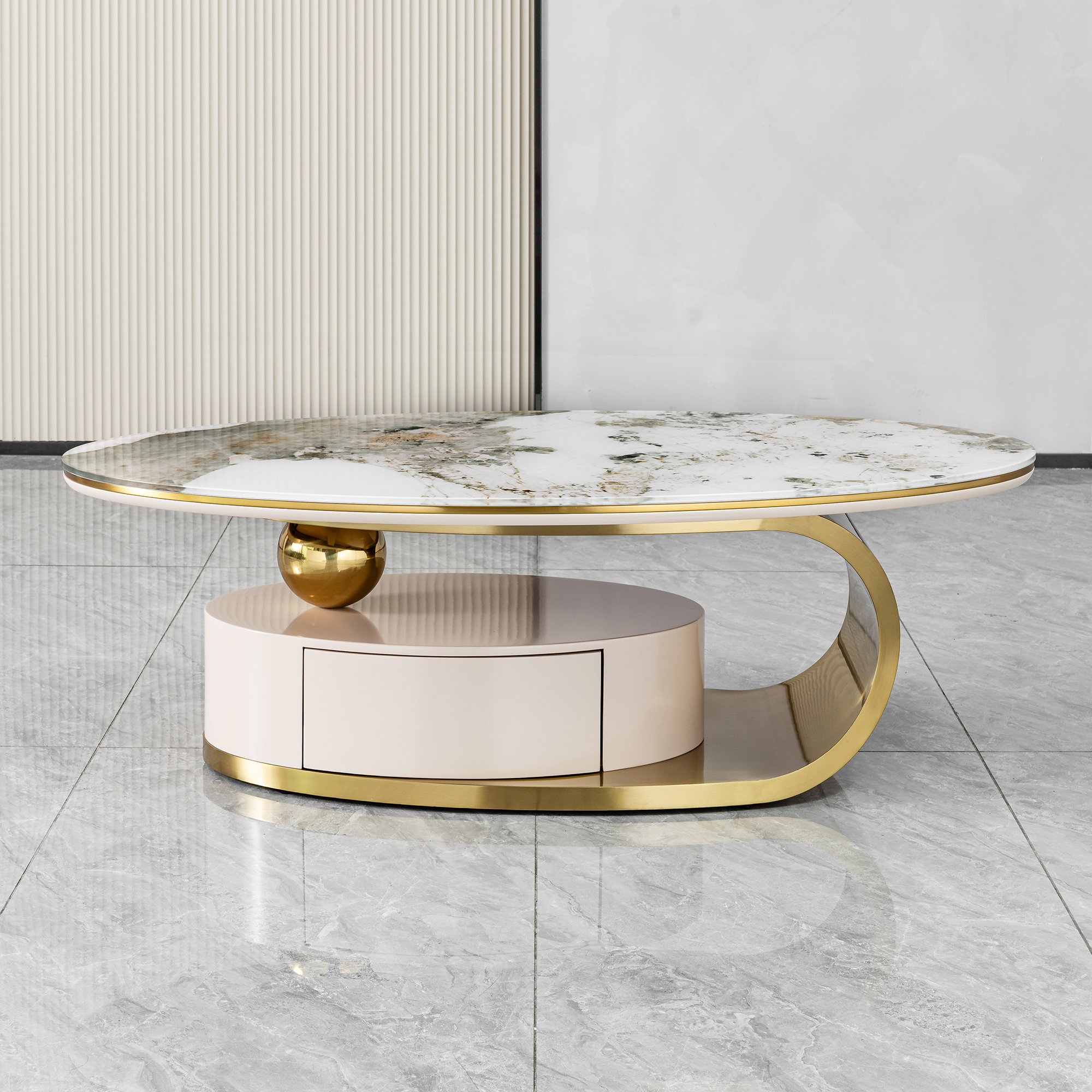 51.18' Luxury Oval Coffee Table with Print Glass Top
