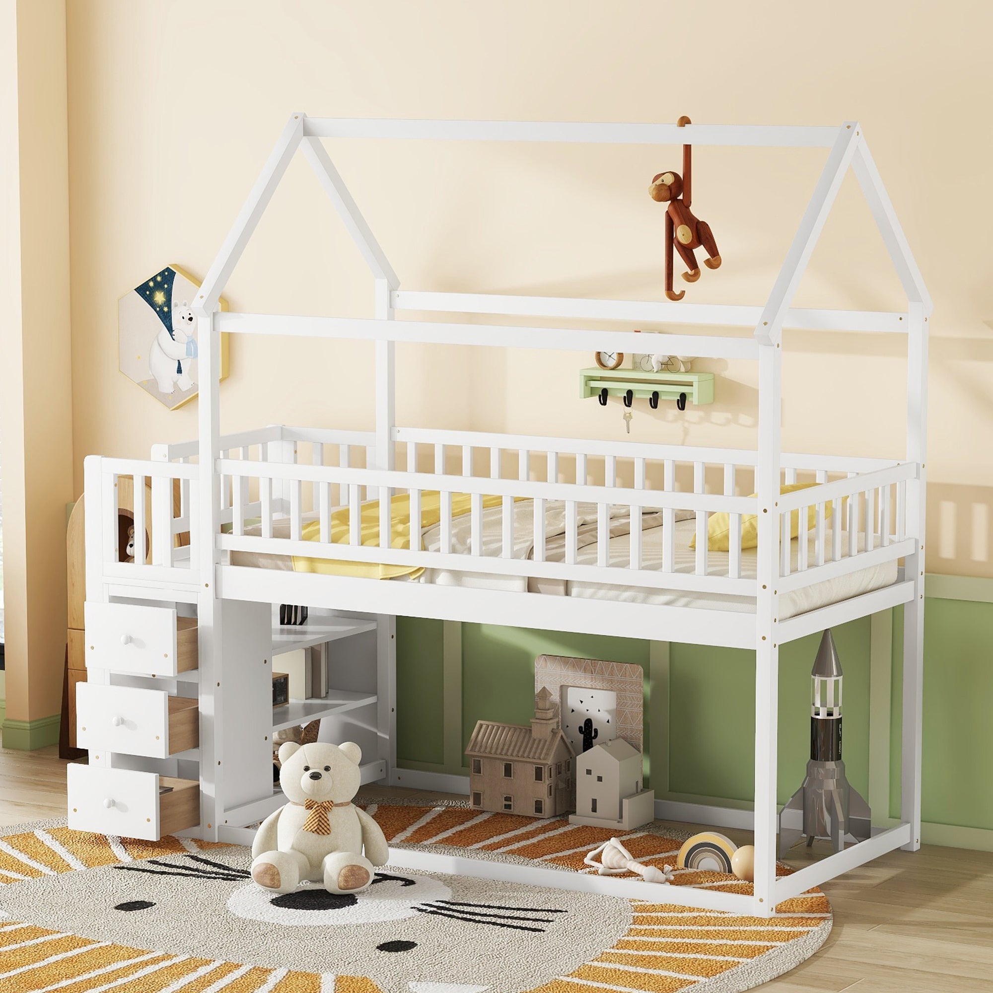 Twin House Bunk Bed with Shelves and Drawers