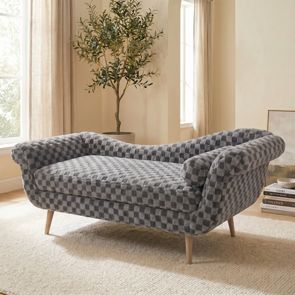Classic Diamond Pattern Fabric Paired with Elegant Scroll Arms