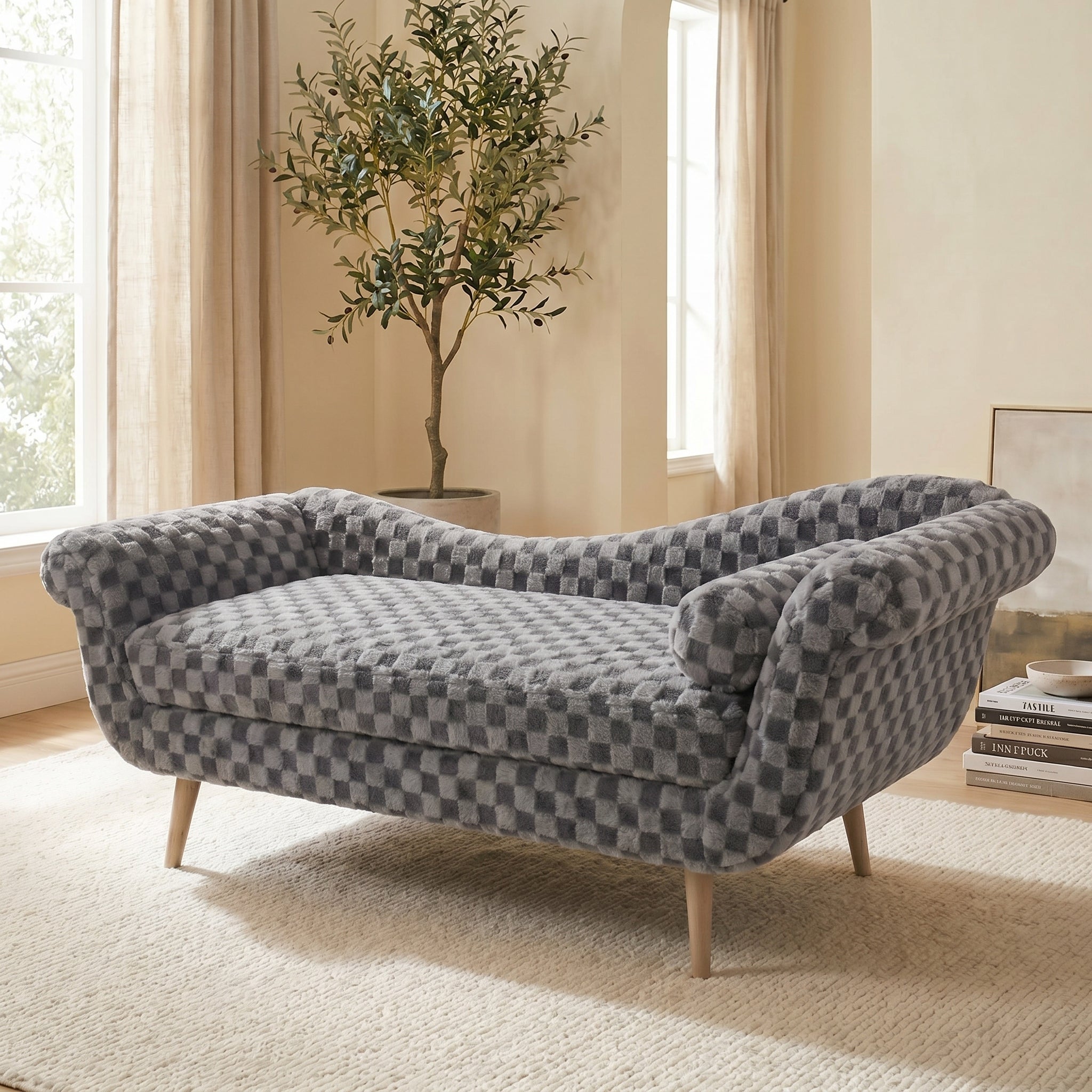 Classic Diamond Pattern Fabric Paired with Elegant Scroll Arms