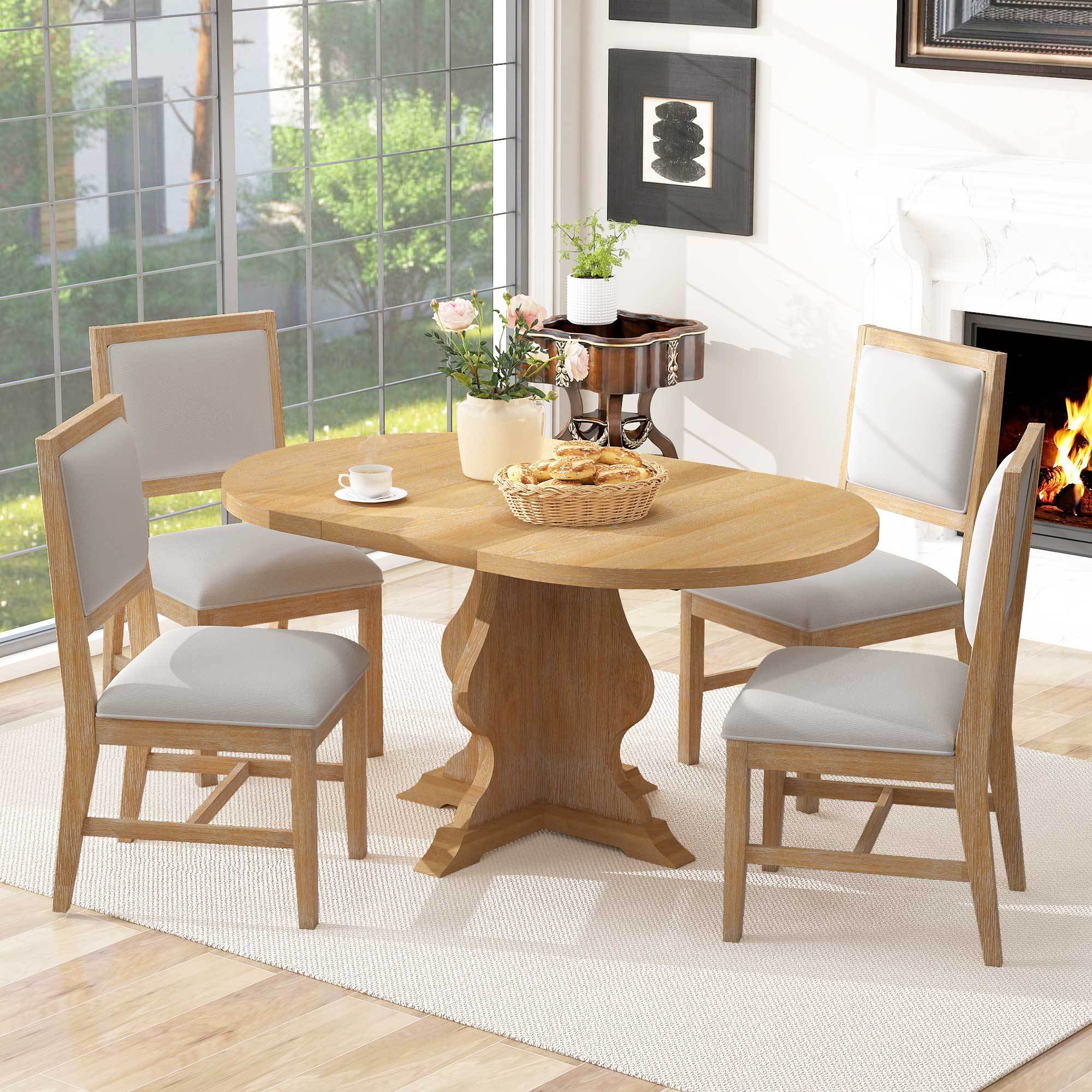 5-Piece Farmhouse Extendable Dining Table Set with 4 Upholstered Chairs