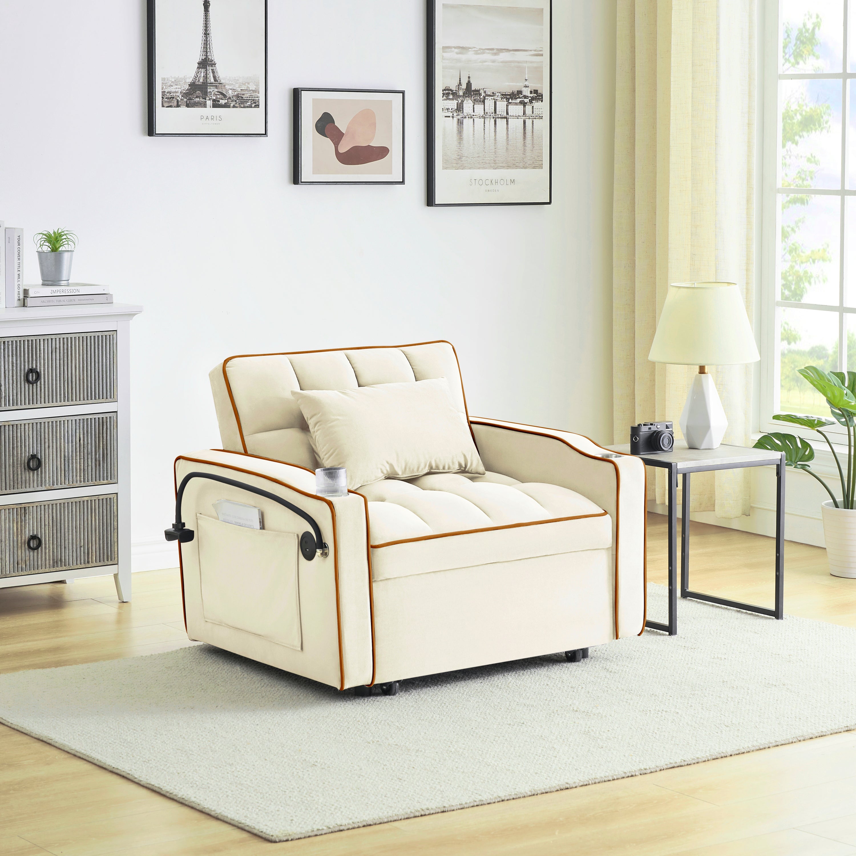 Velvet Foldable Sofa Bed Adjustable Back with USB, Ashtray & Phone Stand