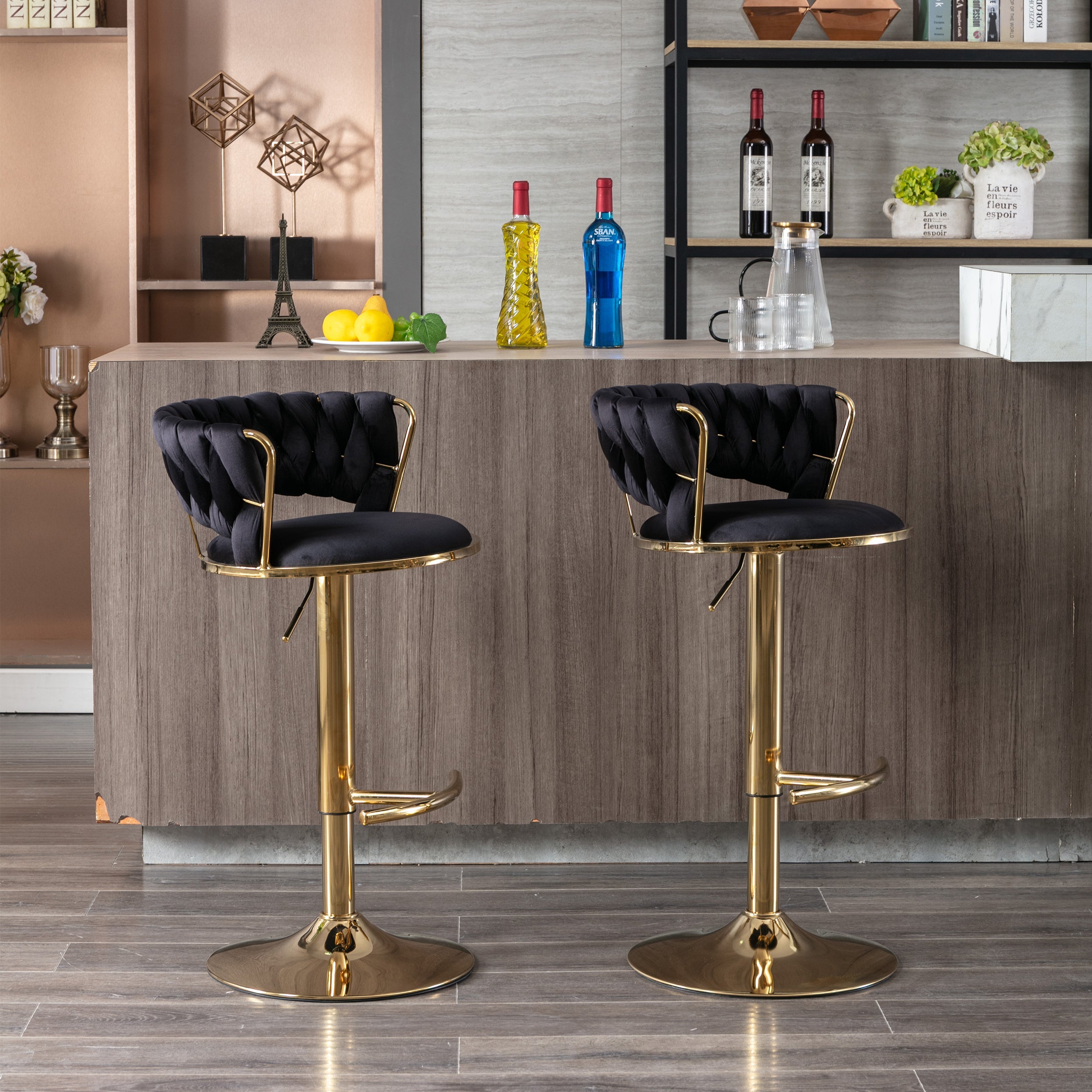 Swivel Height Adjustable Velvet Bar Stools with Golden Leg (Set of 2 )