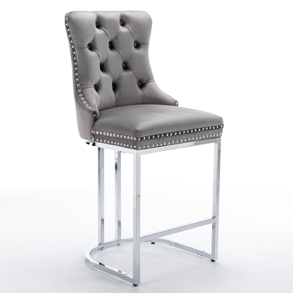 Luxury Elegant Nailhead Trim Tufted Velvet Bar Stools (Set of 2)