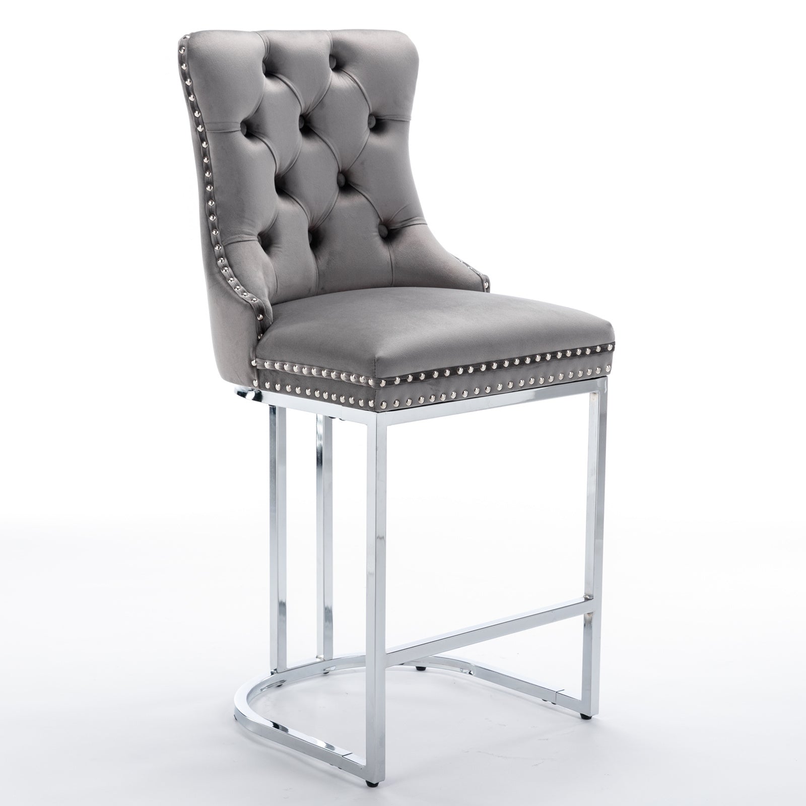 Luxury Elegant Nailhead Trim Tufted Velvet Bar Stools (Set of 2)