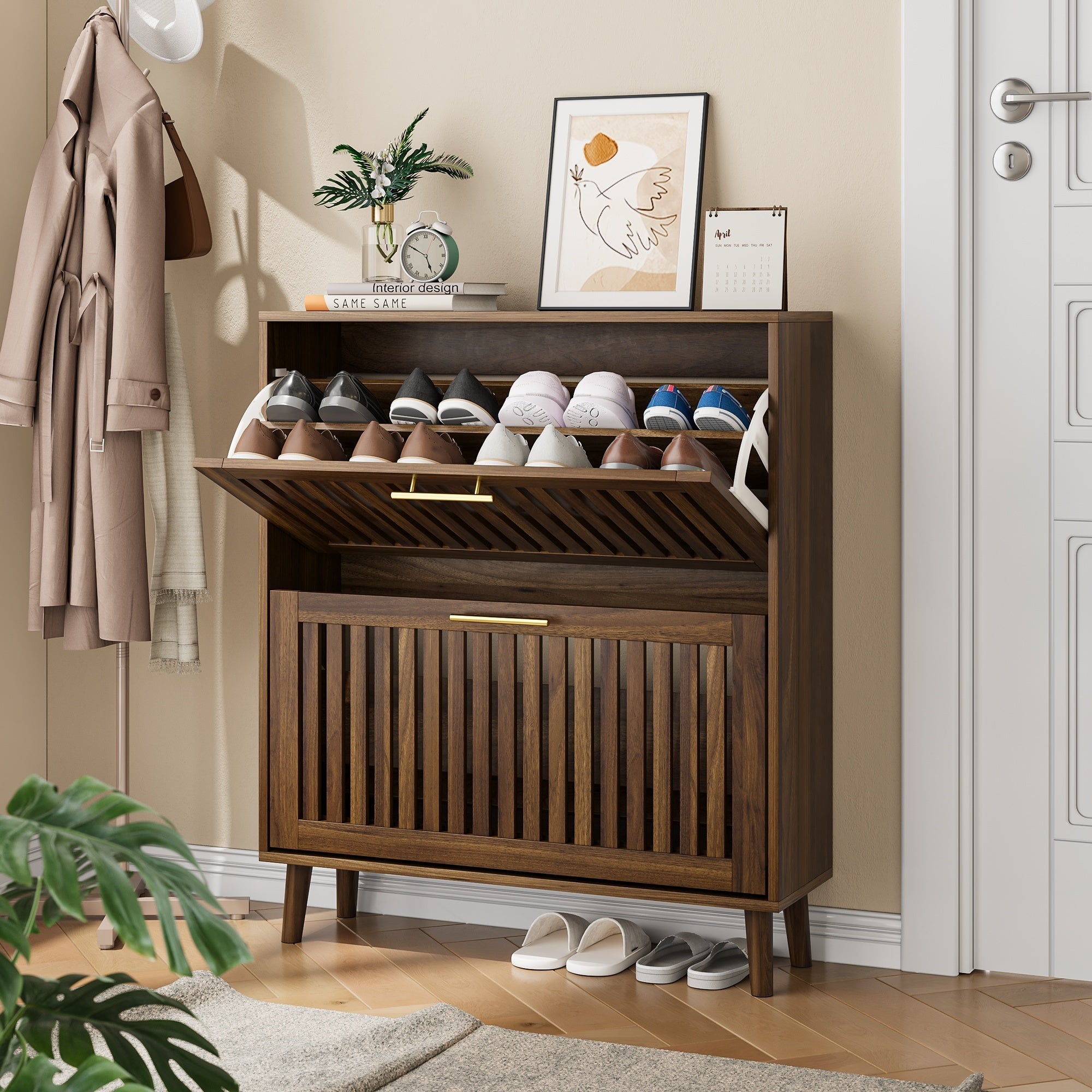 Medieval Modern Walnut Shoe Storage Cabinet