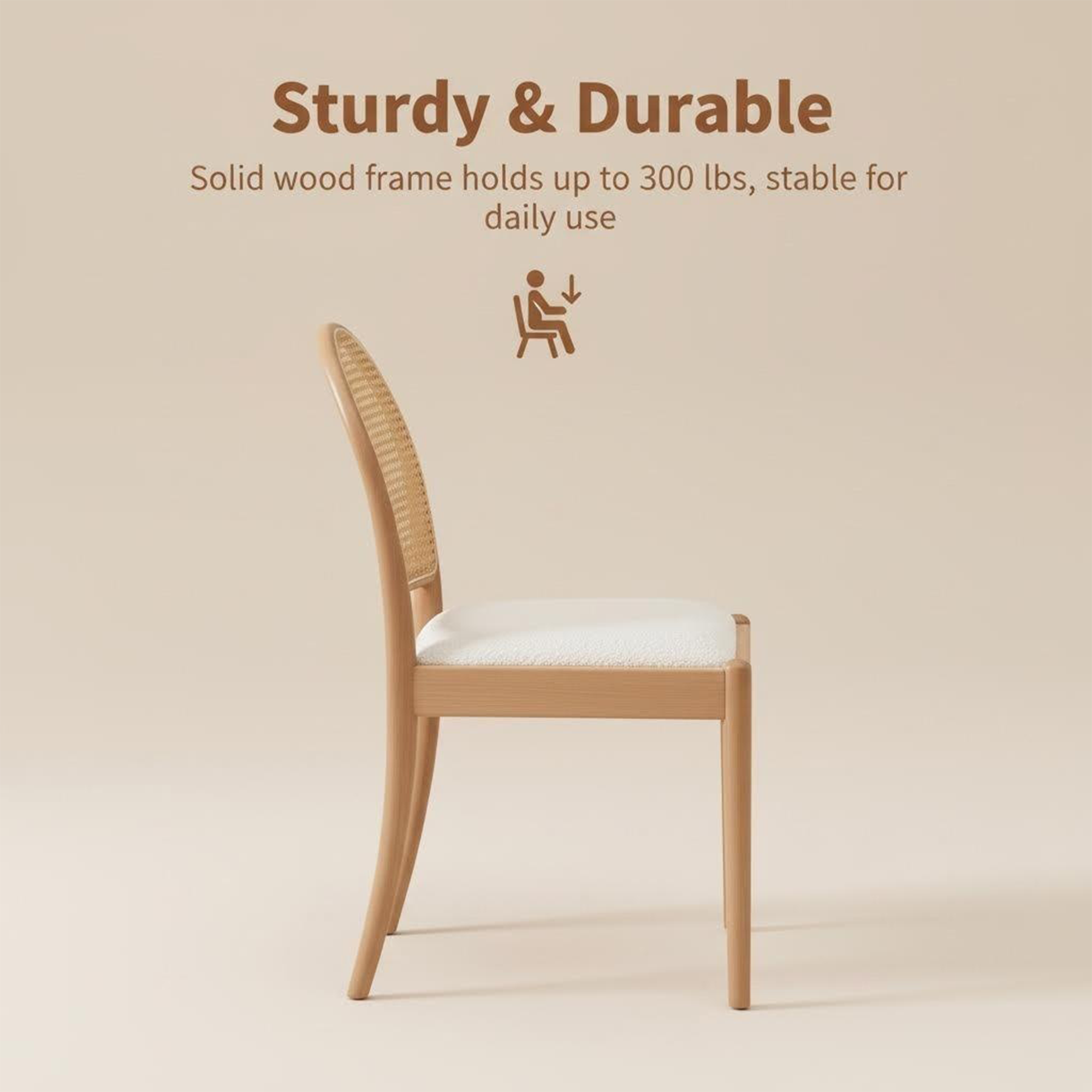 Set of 2 Rattan Dining Chairs Upholstered Linen Modern Wood-Leg Kitchen Chairs