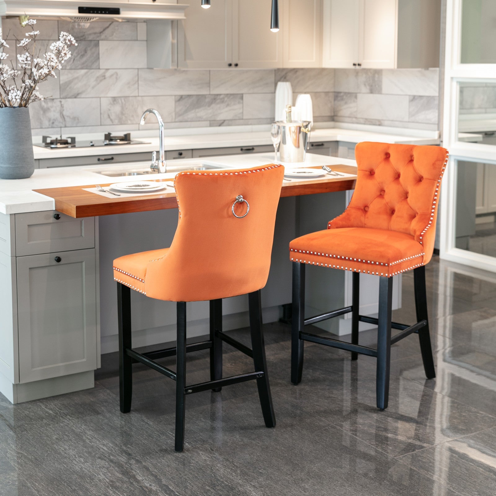 Contemporary Velvet Upholstered Barstools with Button Tufted Decoration (Set of 2)