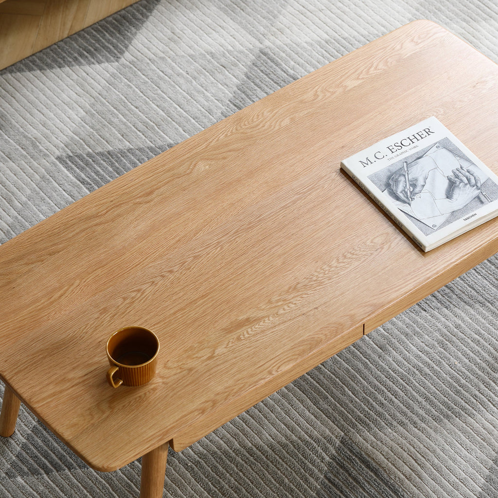 Low Table 100% Solid Wood 2-Drawer Natural Oak Coffee Table