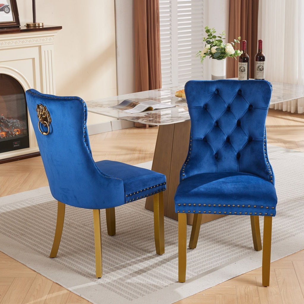 Mid-Century Velvet Dining Chairs with Lion Head Pull Ring (Set of 2)