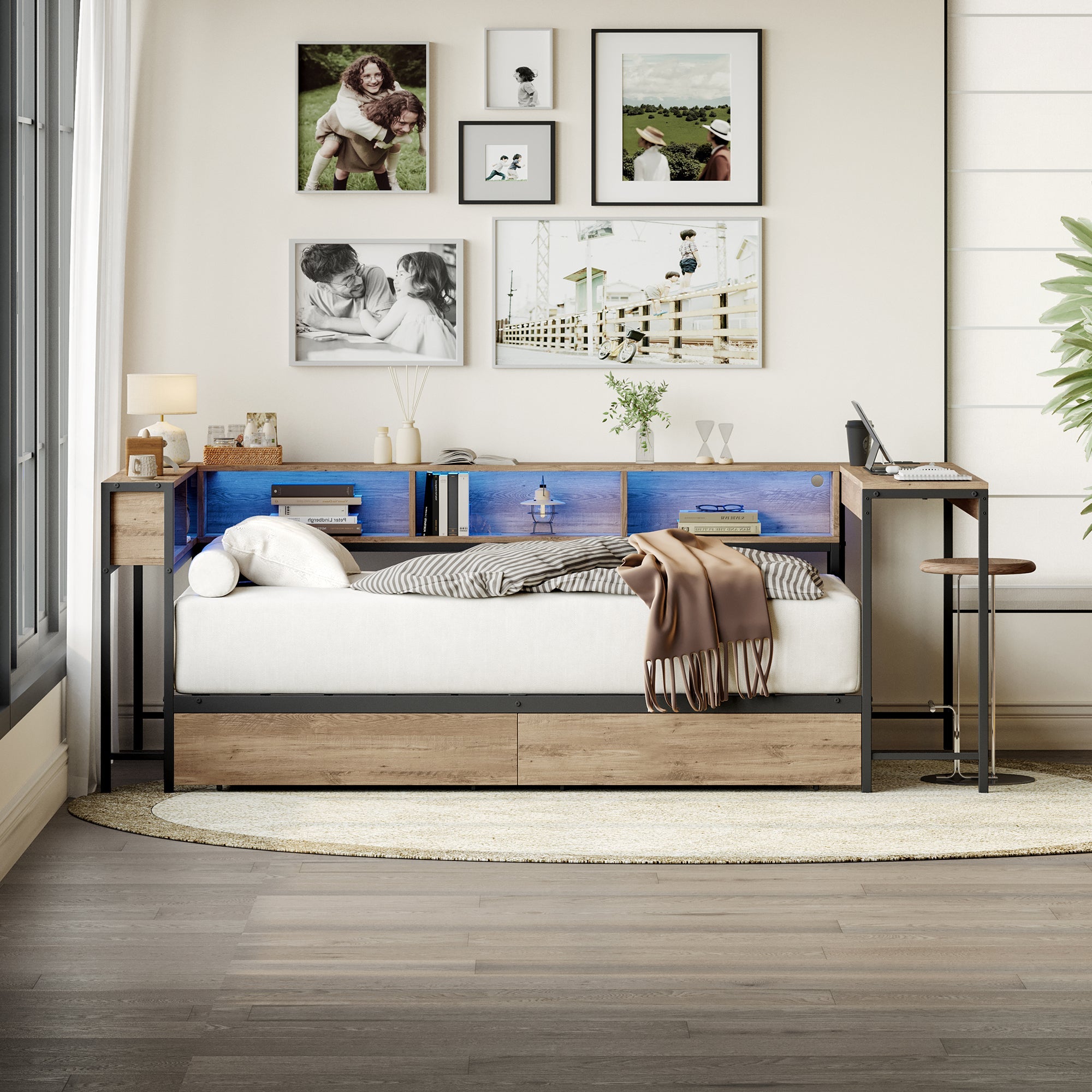 Modern Twin Bed with LED Light and Charging Station