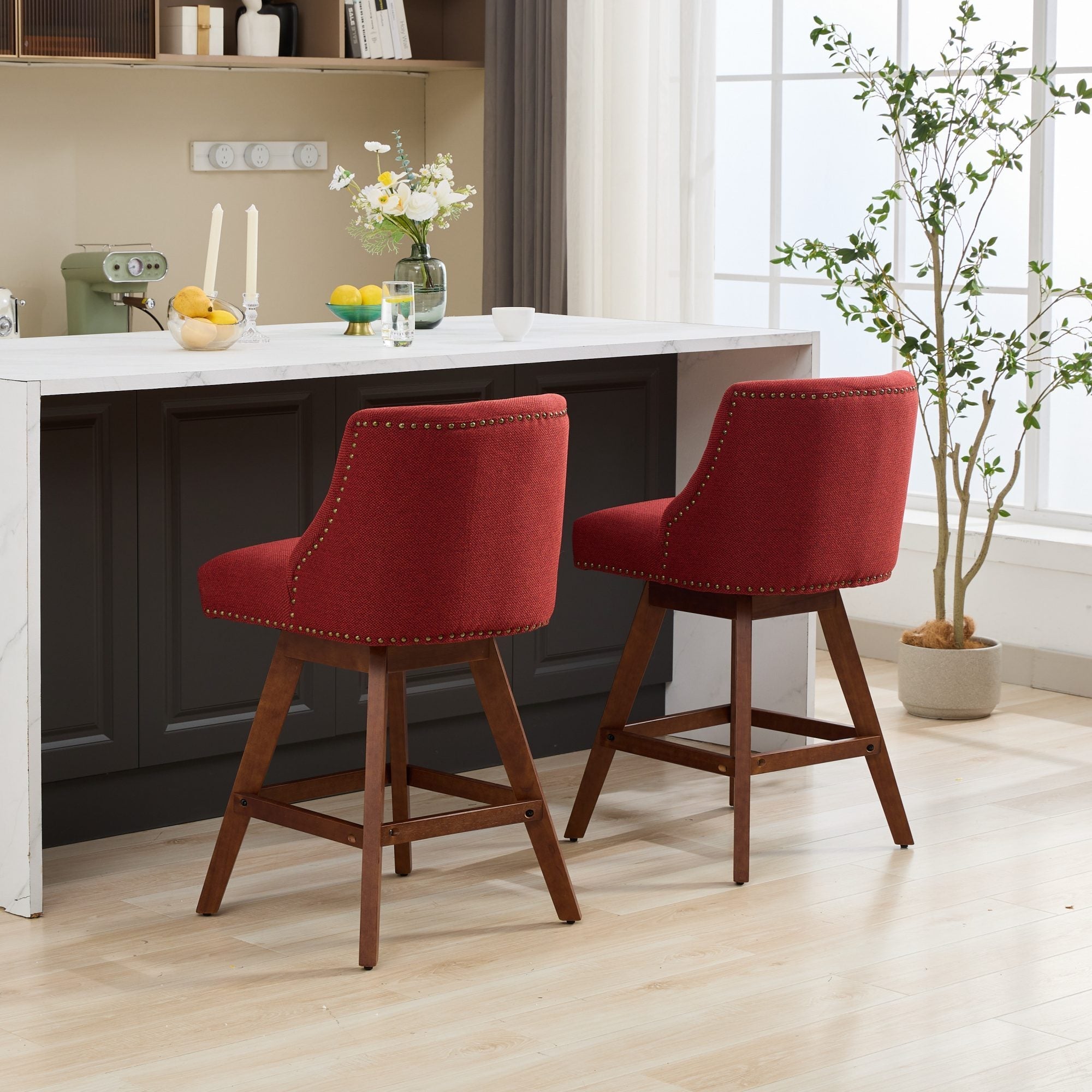 Upholstered Swivel Counter Height Bar Stools with Nailhead Trim (Set of 2)