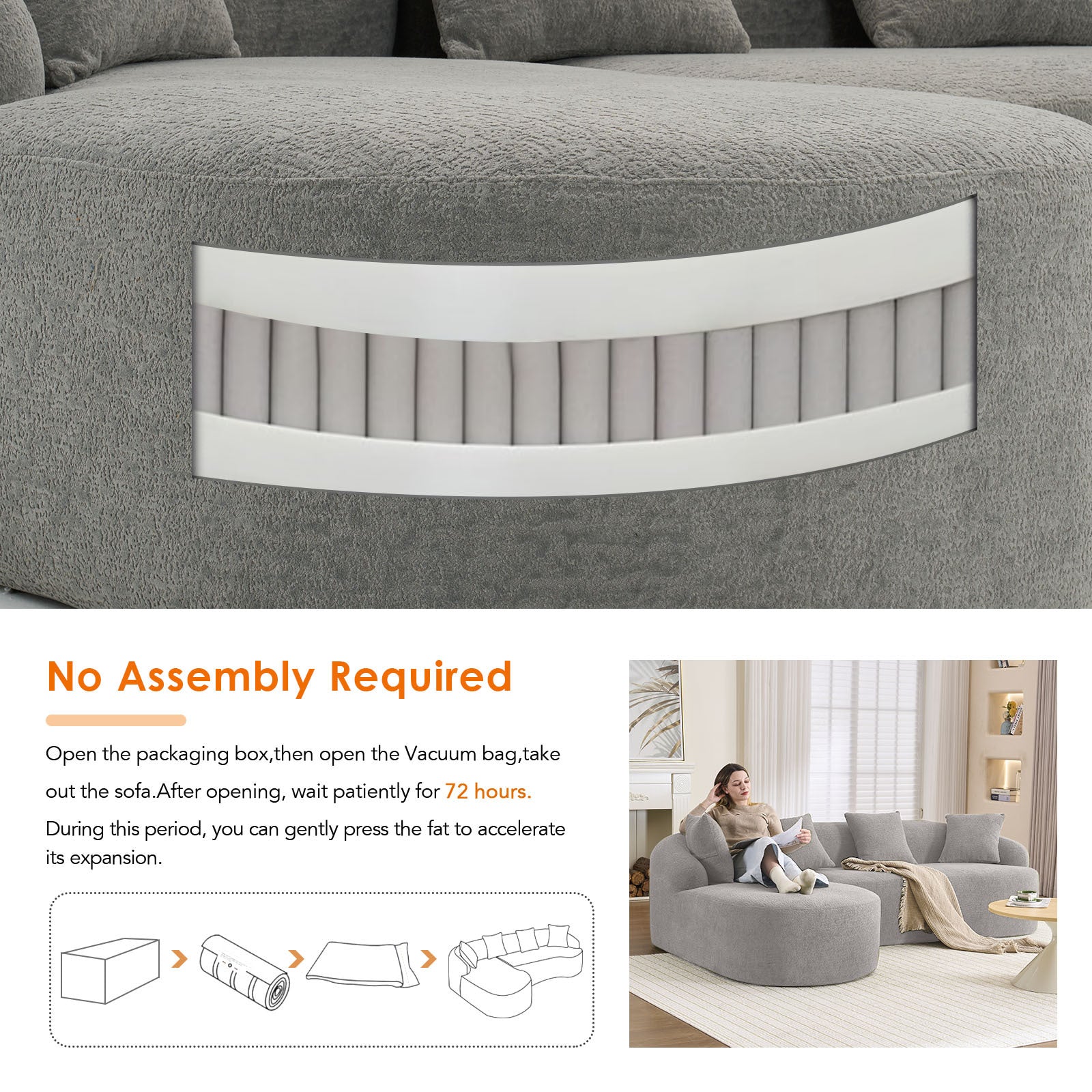 Boneless L-Shape Sectional Sofa with Curved Chaise
