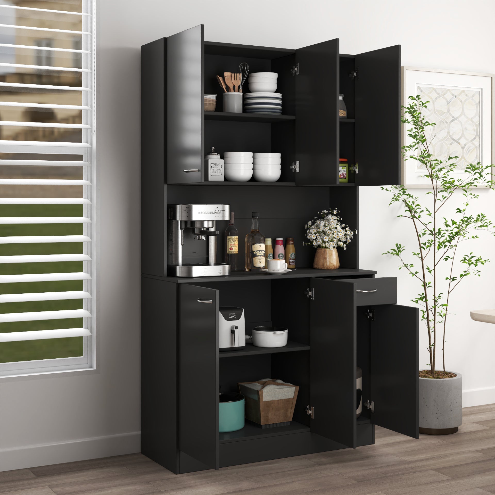 70.87' Tall White Kitchen Cabinet with 6-Doors
