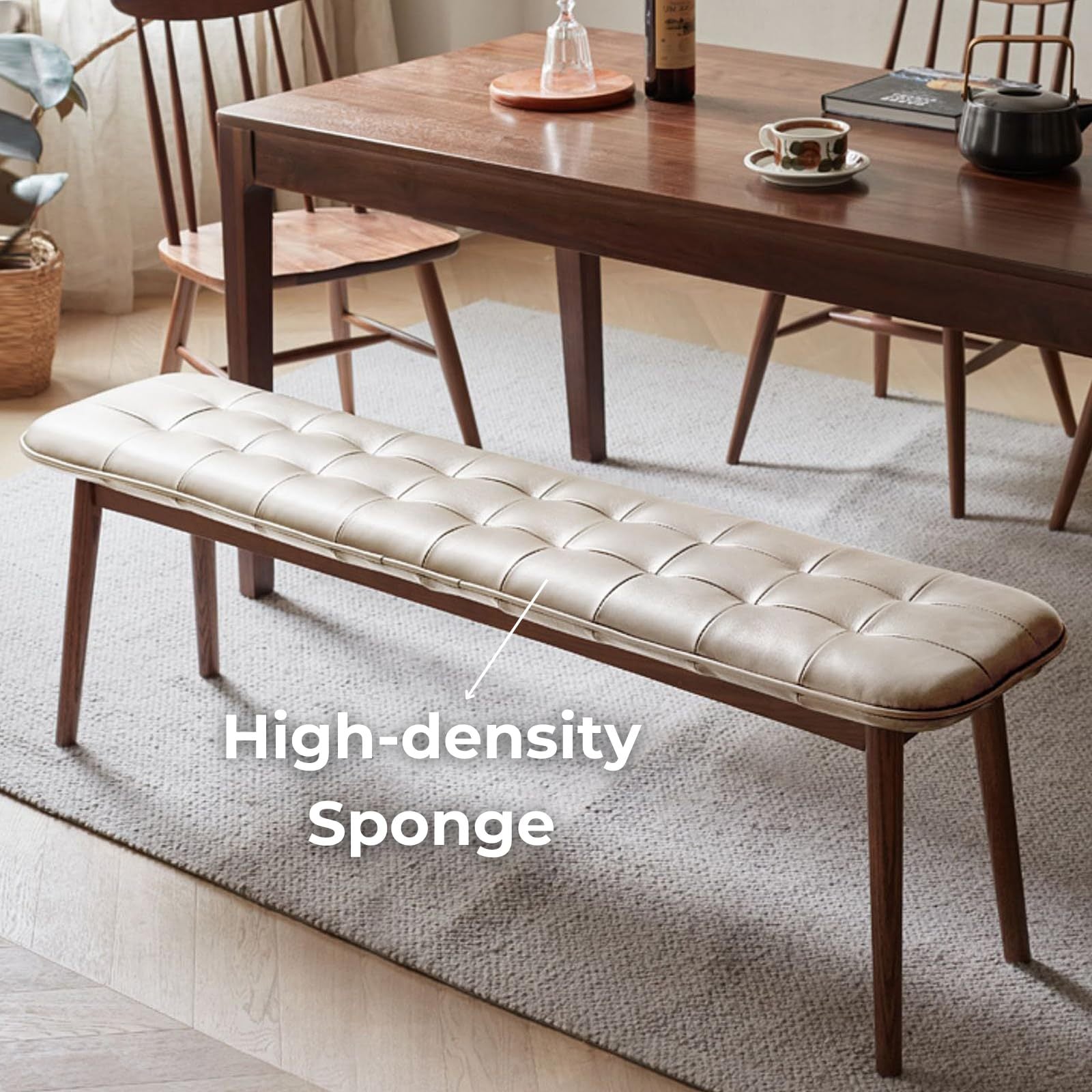 Natural Oak Dining Bench Table Bench with Leather Cushion