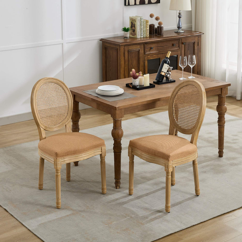 French Style Linen Fabric Rattan Back Dining Chairs (Set of 2)