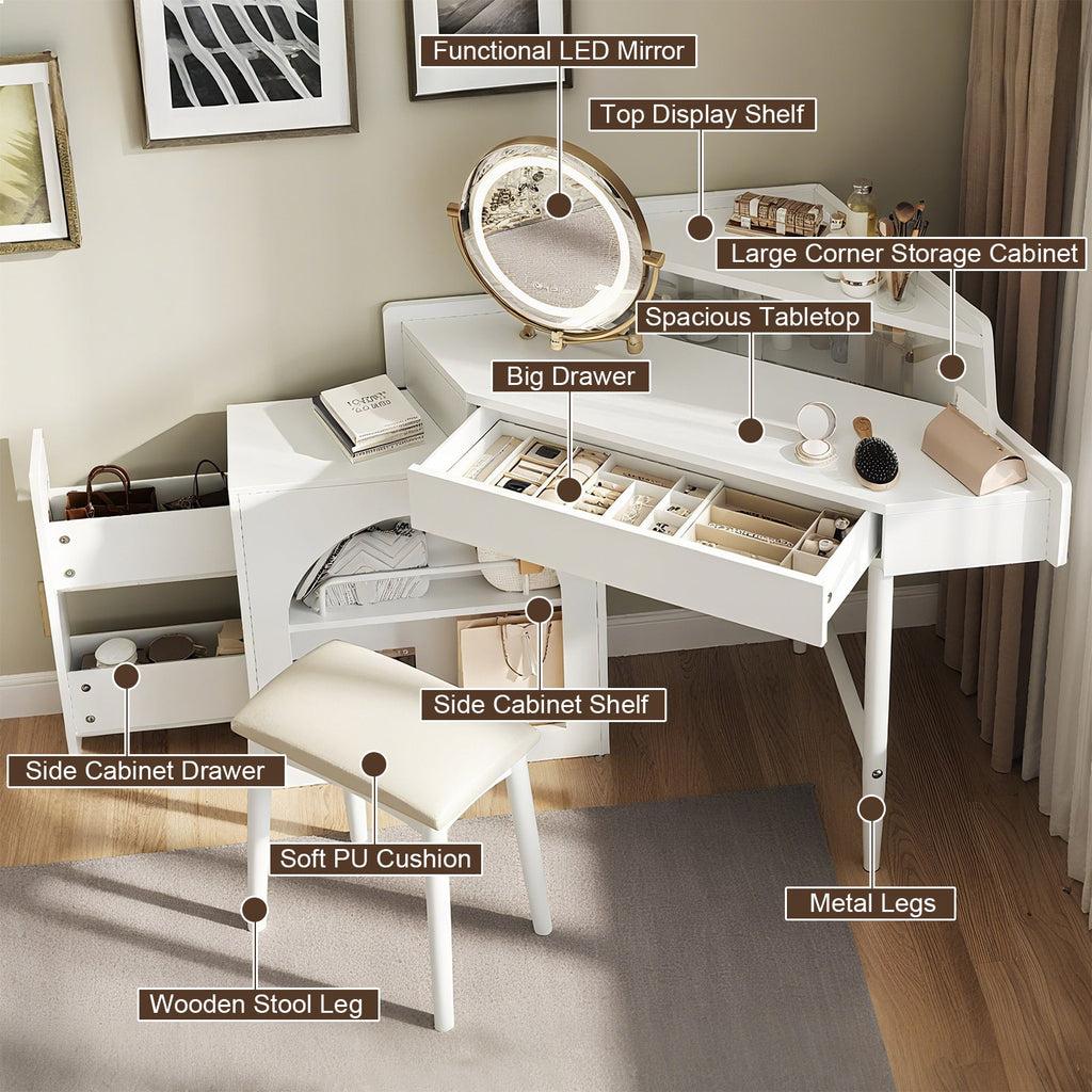 Modern Corner Vanity Set with Mirror and Stool