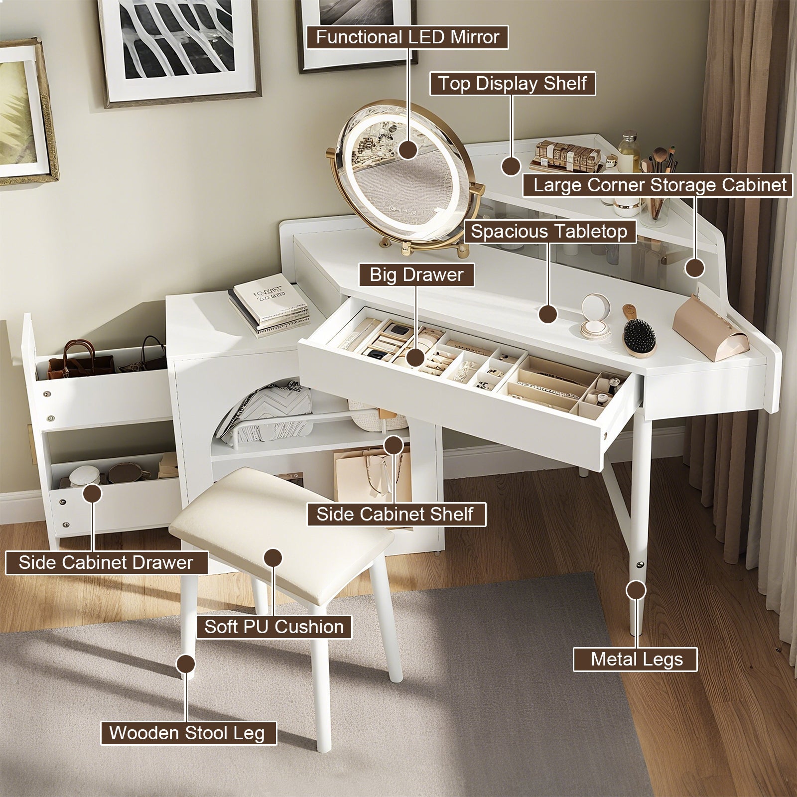 Modern Corner Vanity Set with Mirror and Stool