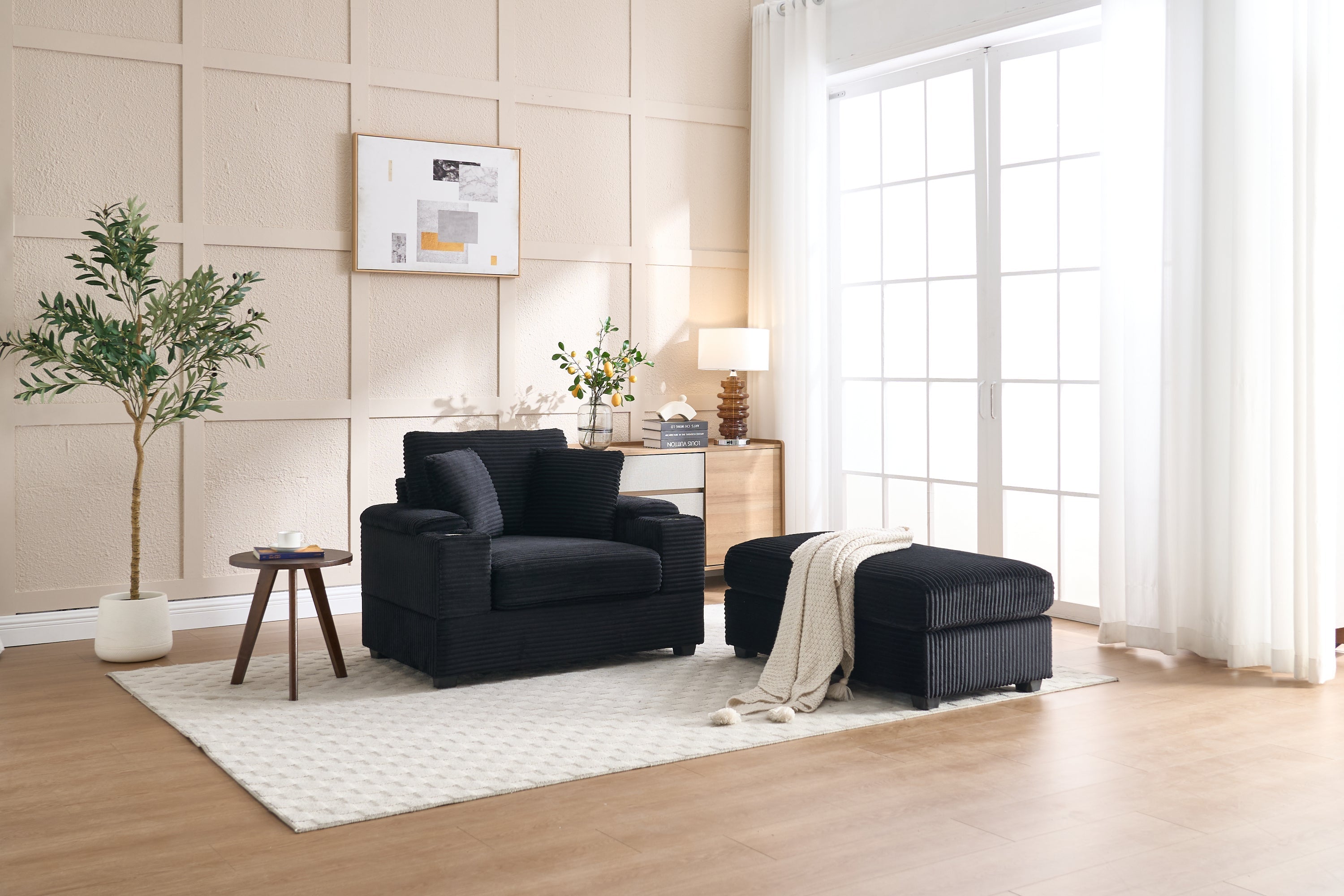 Corduroy Upholstered Chaise Lounge Sofa with Handrail Storage