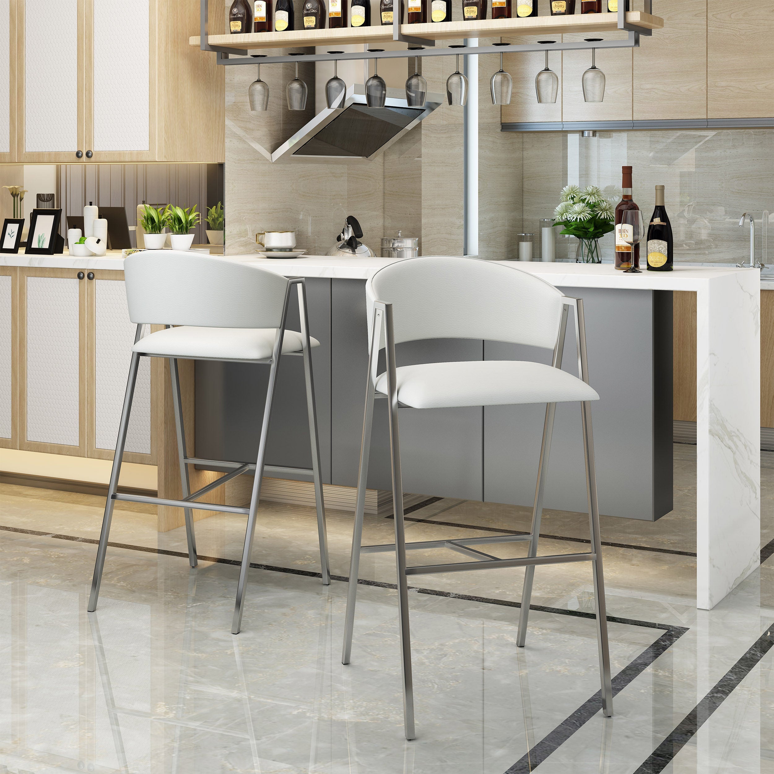 Modern PU Bar Stools with Low Back and Arms (Set of 2)