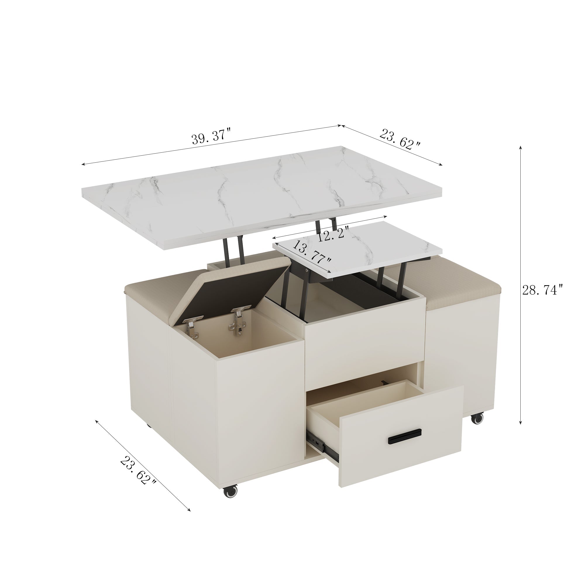 Modern Lift-Up Coffee Table with 4 Stools Set
