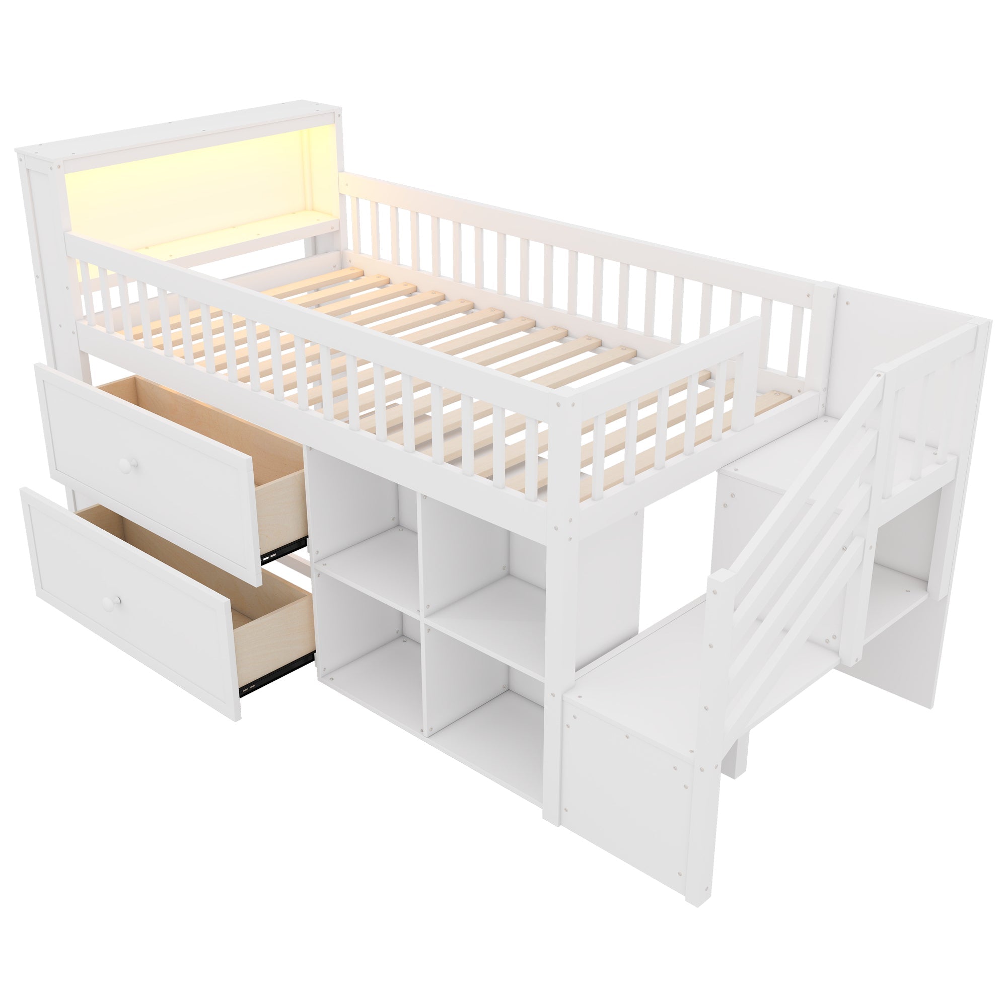 Twin Size Loft Bed with LED and Bookshelf