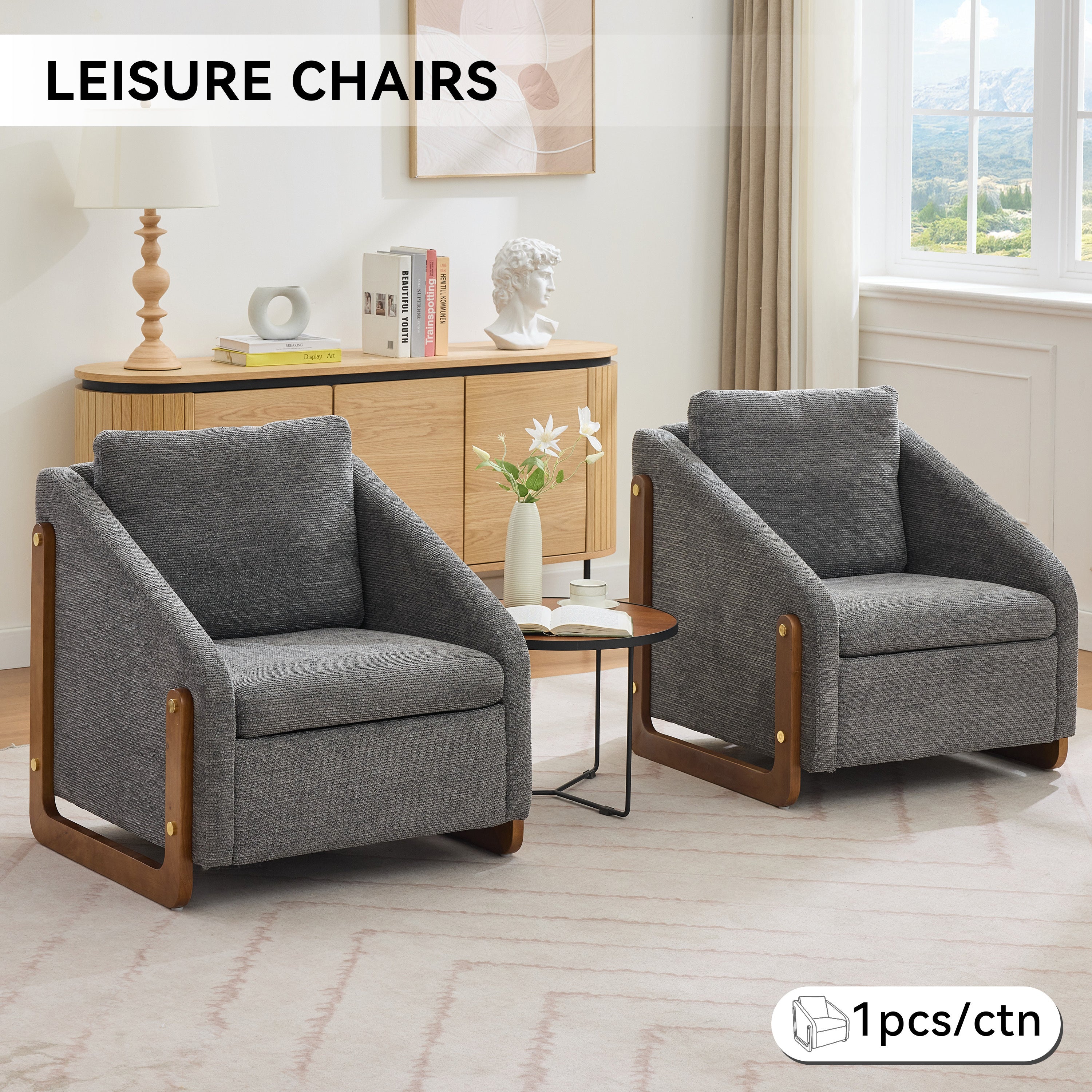 Modern Upholstered Armchair with Wooden Side Frame