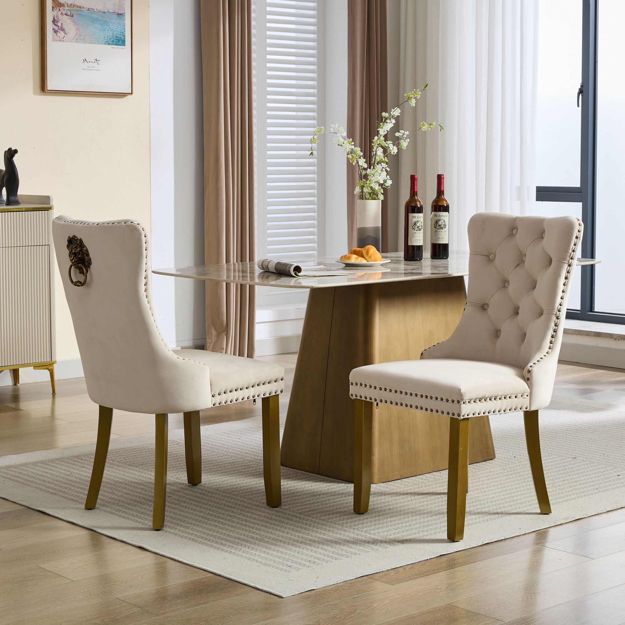 Mid-Century Velvet Dining Chairs with Lion Head Pull Ring (Set of 2)