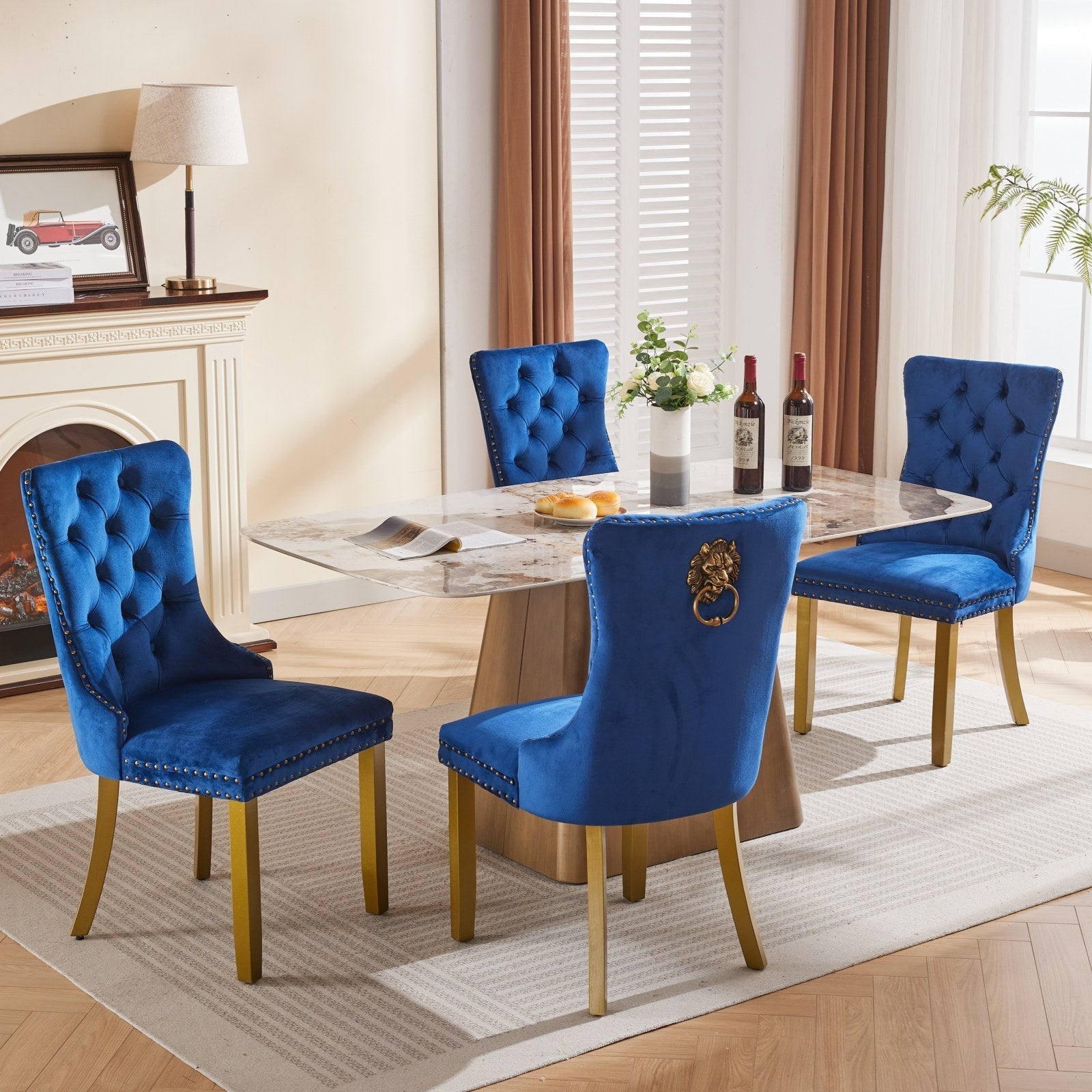 Mid-Century Velvet Dining Chairs with Lion Head Pull Ring (Set of 2)