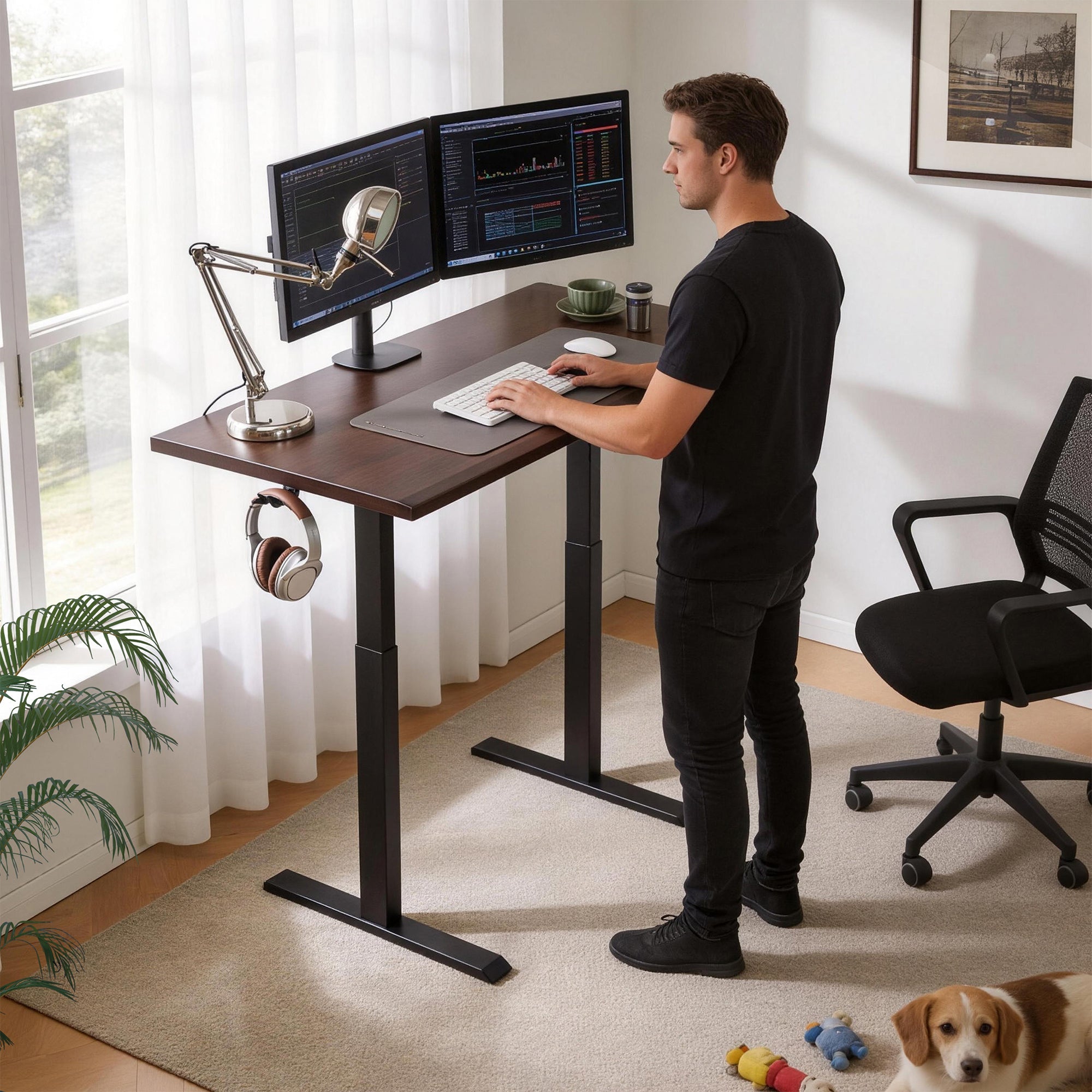 Solid Rubberwood Electric Adjustable Height Ergonomic Home Office Desk